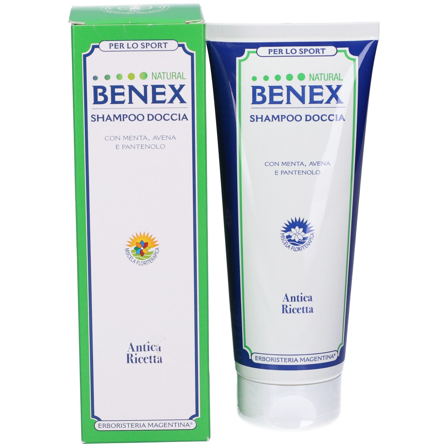 Benex Shampoo Doccia, tubo e confezione. Confezione verde e bianca, tubo blu. Testo: Benex, Shampoo Doccia, Antica Ricetta.