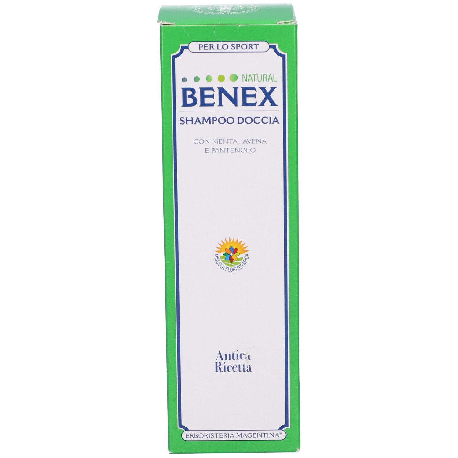 Confezione verde di Benex Shampoo Doccia. Testo: Benex, Shampoo Doccia, Antica Ricetta, Erboristeria Magentina.