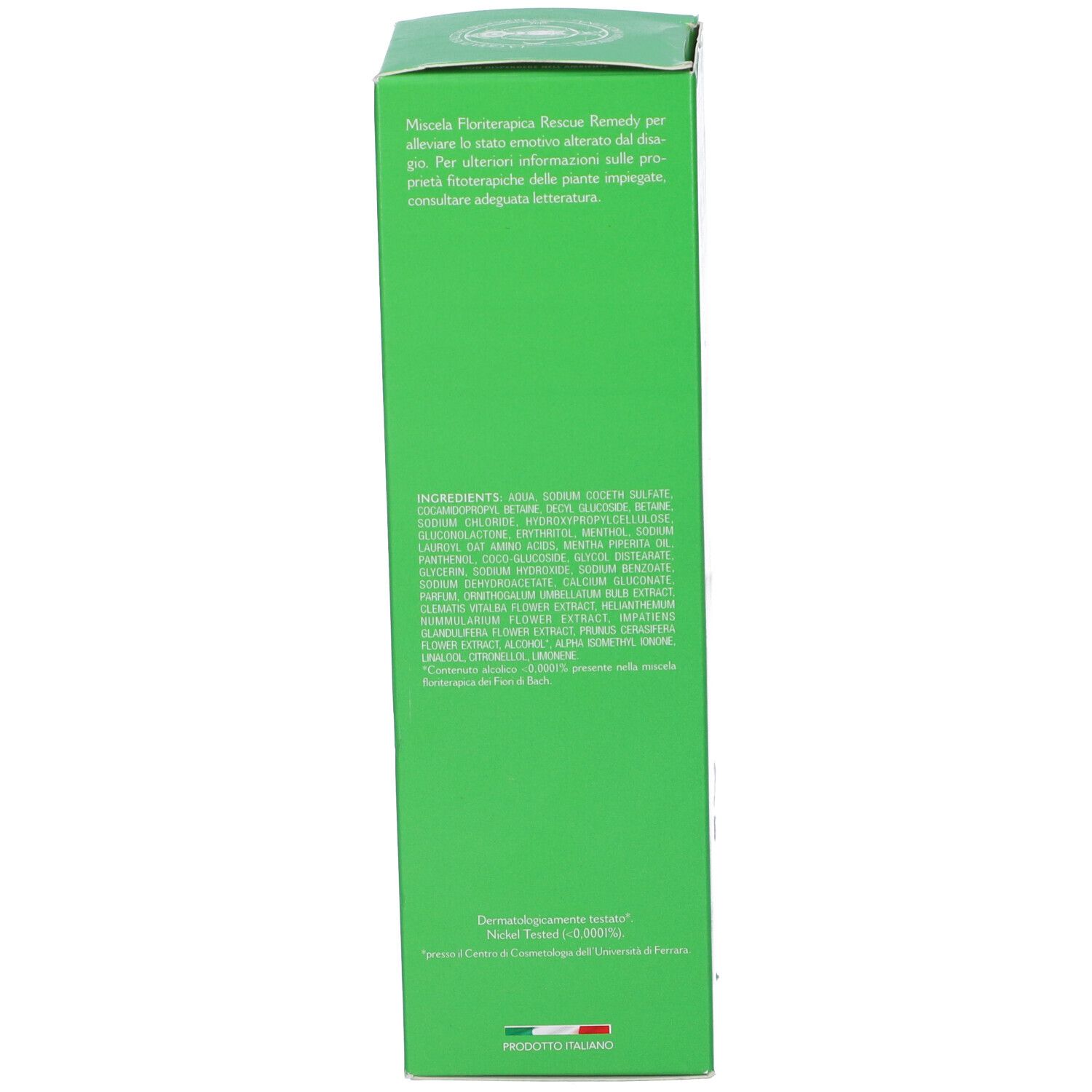 Confezione verde. Testo: Ingredienti, Dermatologicamente testato, Made in Italy, Erboristeria Magentina.