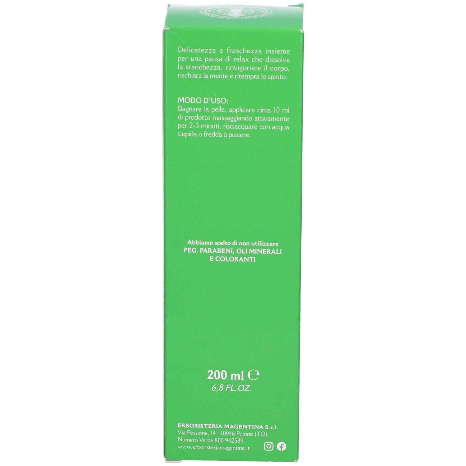 Confezione verde. Testo: 200 ml, 6.8 FL OZ, Modo d'uso, Erboristeria Magentina, PEG, Parabeni, Oli, Coloranti.