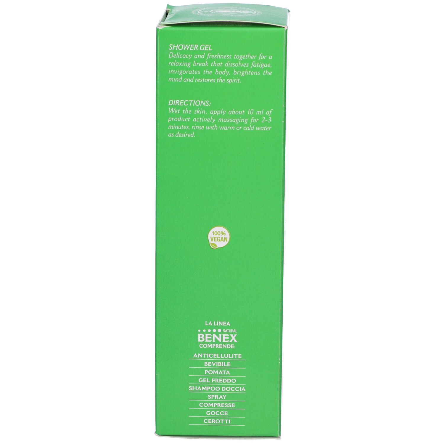 Confezione verde. Testo: Shower Gel, 100% Vegan, Benex, Anticellulite, Revivle, Pomata, Gel Freddo, Shampoo Doccia.