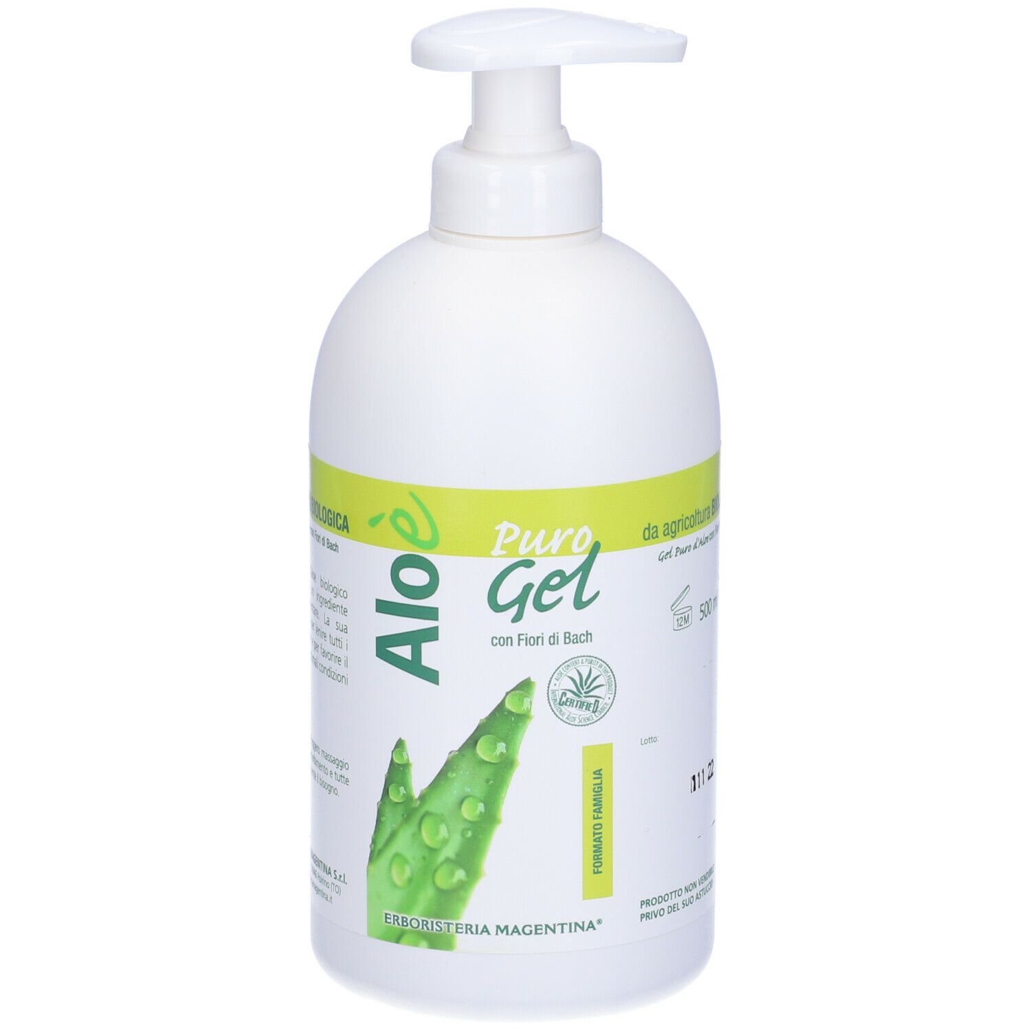 Flacone bianco con dosatore a pompa. Etichetta con nome del prodotto e illustrazione di aloe vera. Testo in italiano.