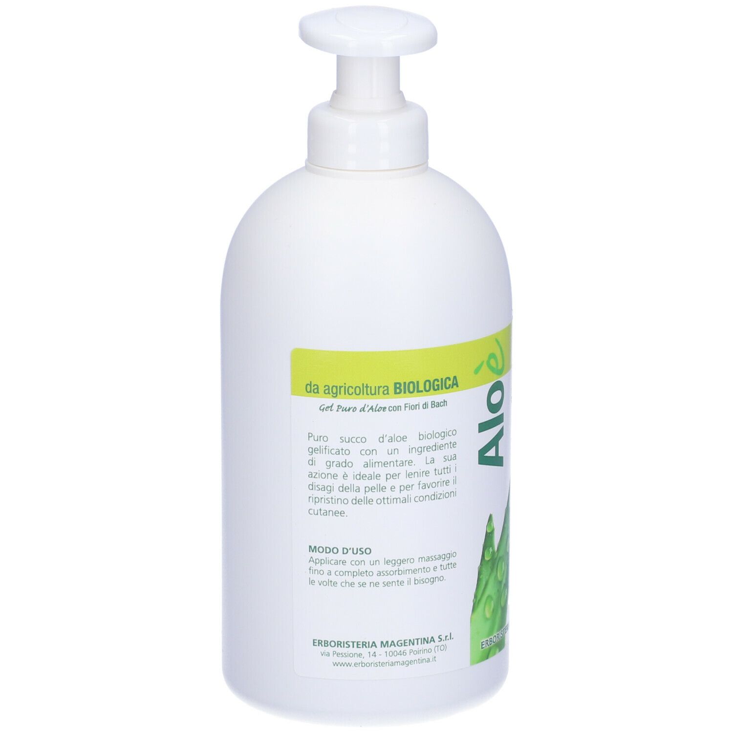 Flacone bianco con dosatore a pompa. Etichetta con informazioni sul prodotto e illustrazione di aloe vera. Testo in italiano.