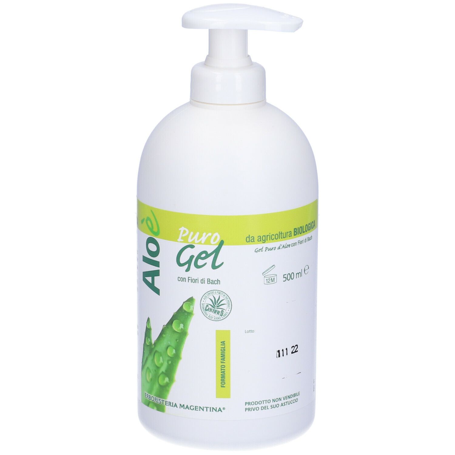 Flacone bianco con dosatore a pompa. Etichetta con nome del prodotto, indicazione del volume e illustrazione di aloe vera. Testo in italiano.