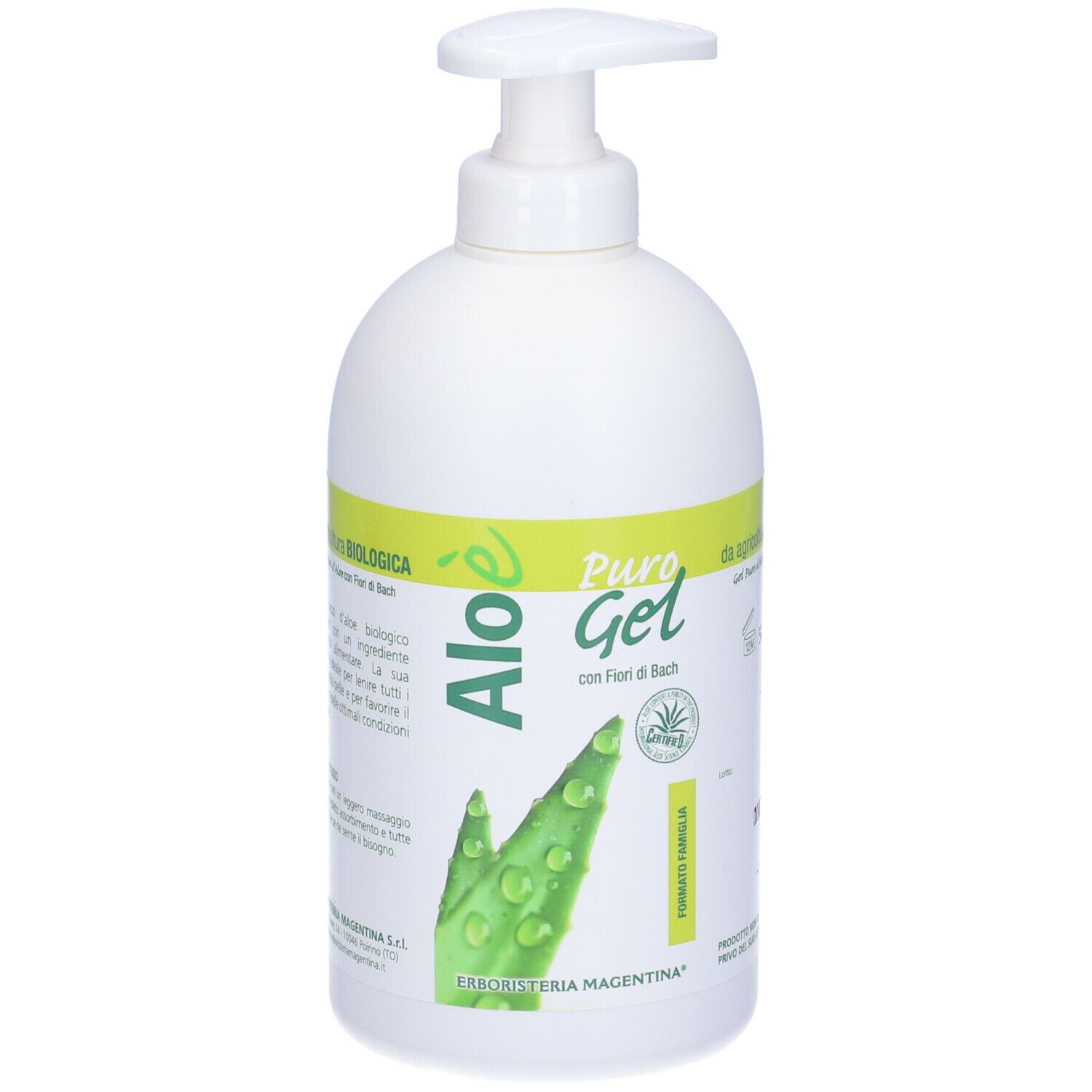 Flacone bianco con dosatore a pompa. Etichetta con nome del prodotto e illustrazione di aloe vera. Testo in italiano.