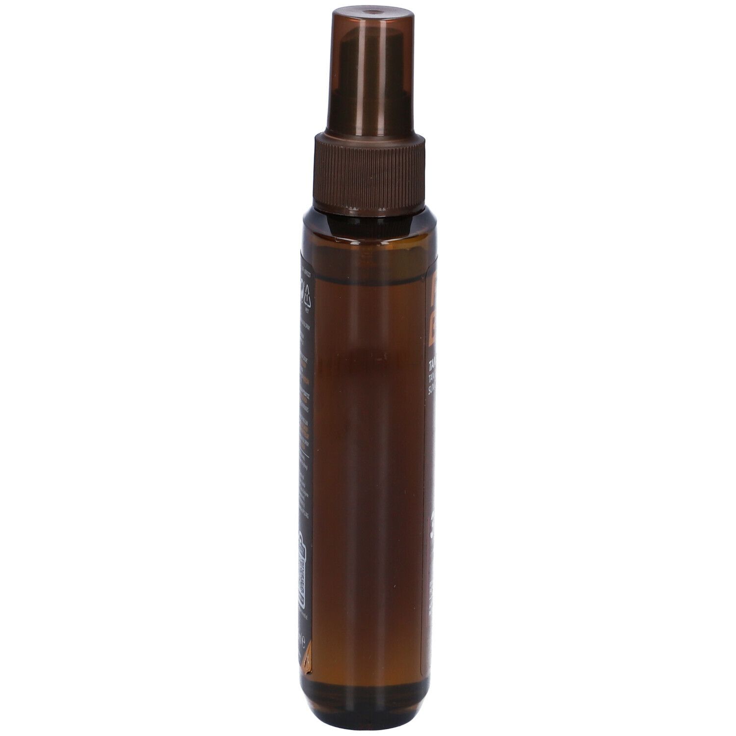 Flacone spray marrone, informazioni prodotto stampate.