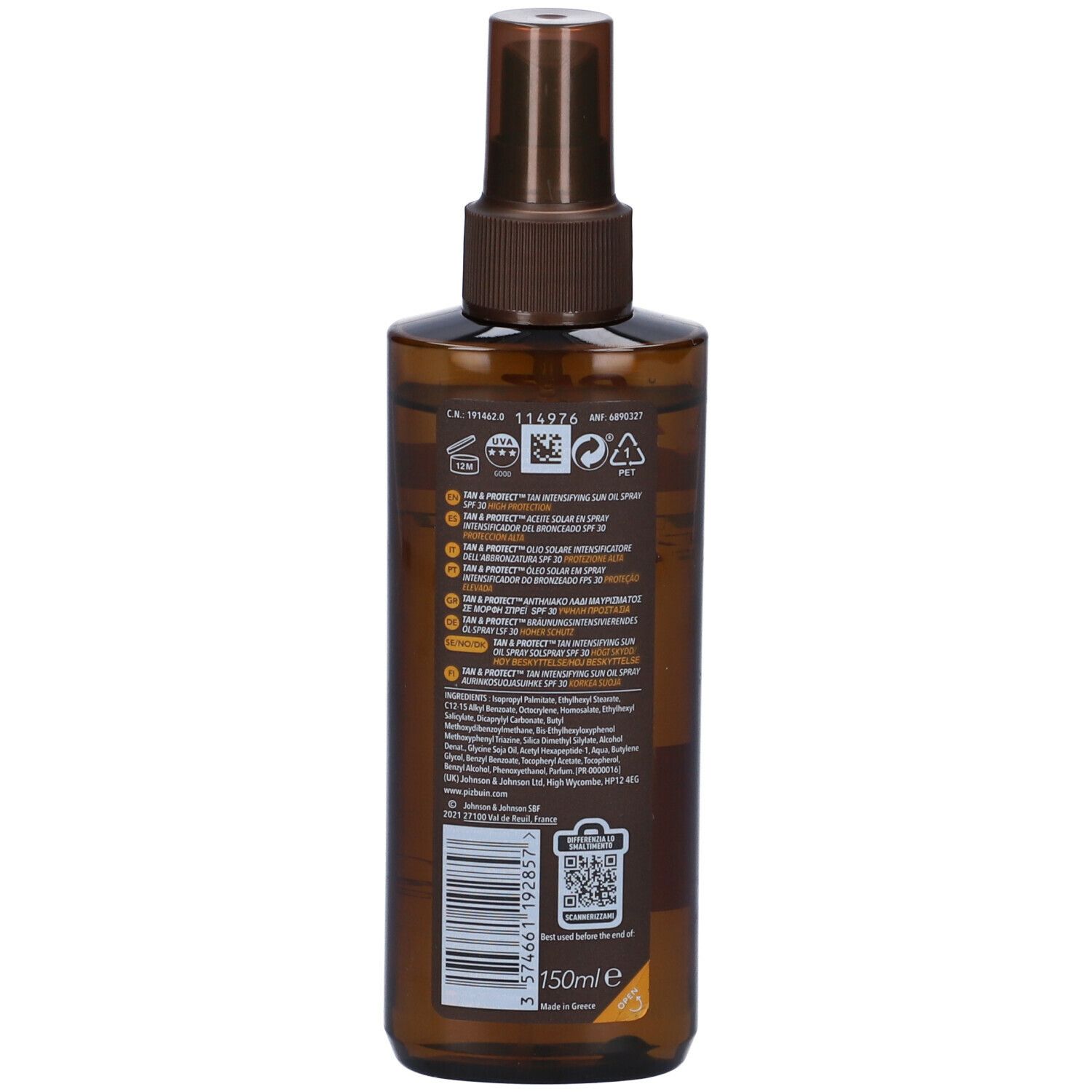 Retro del flacone spray marrone con informazioni sul prodotto.