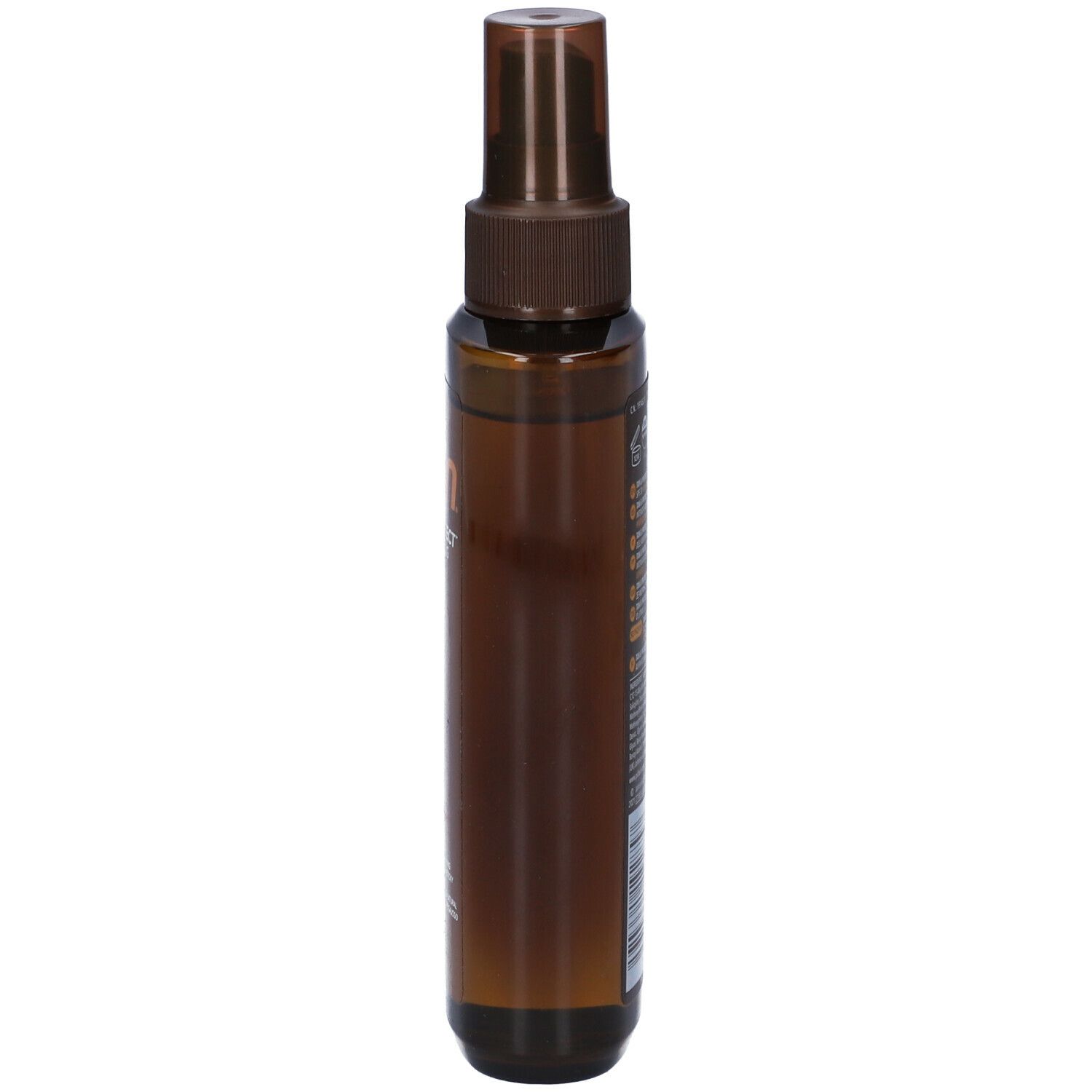 Flacone spray marrone, informazioni prodotto stampate.