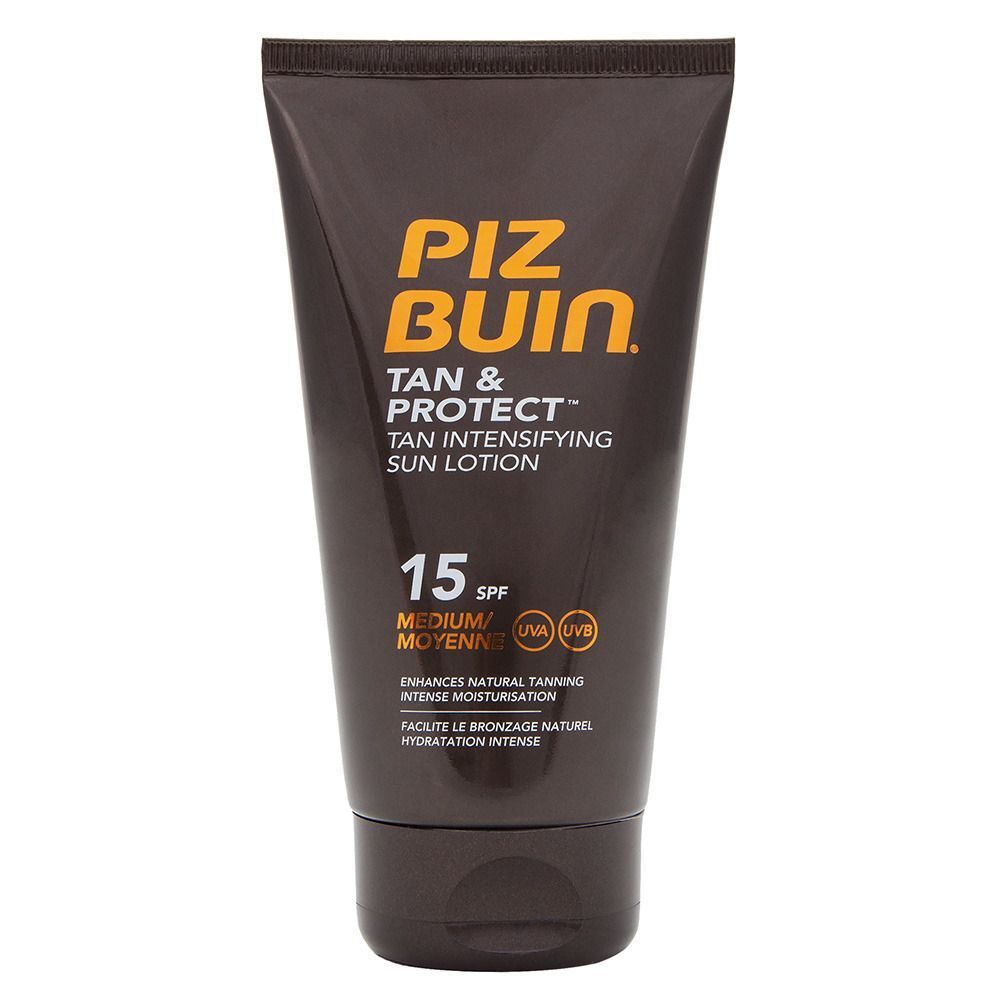 Tubo marrone con logo "Piz Buin" giallo. Testo "Tan & Protect" e "Sun Lotion SPF 15". Protezione UVA/UVB.