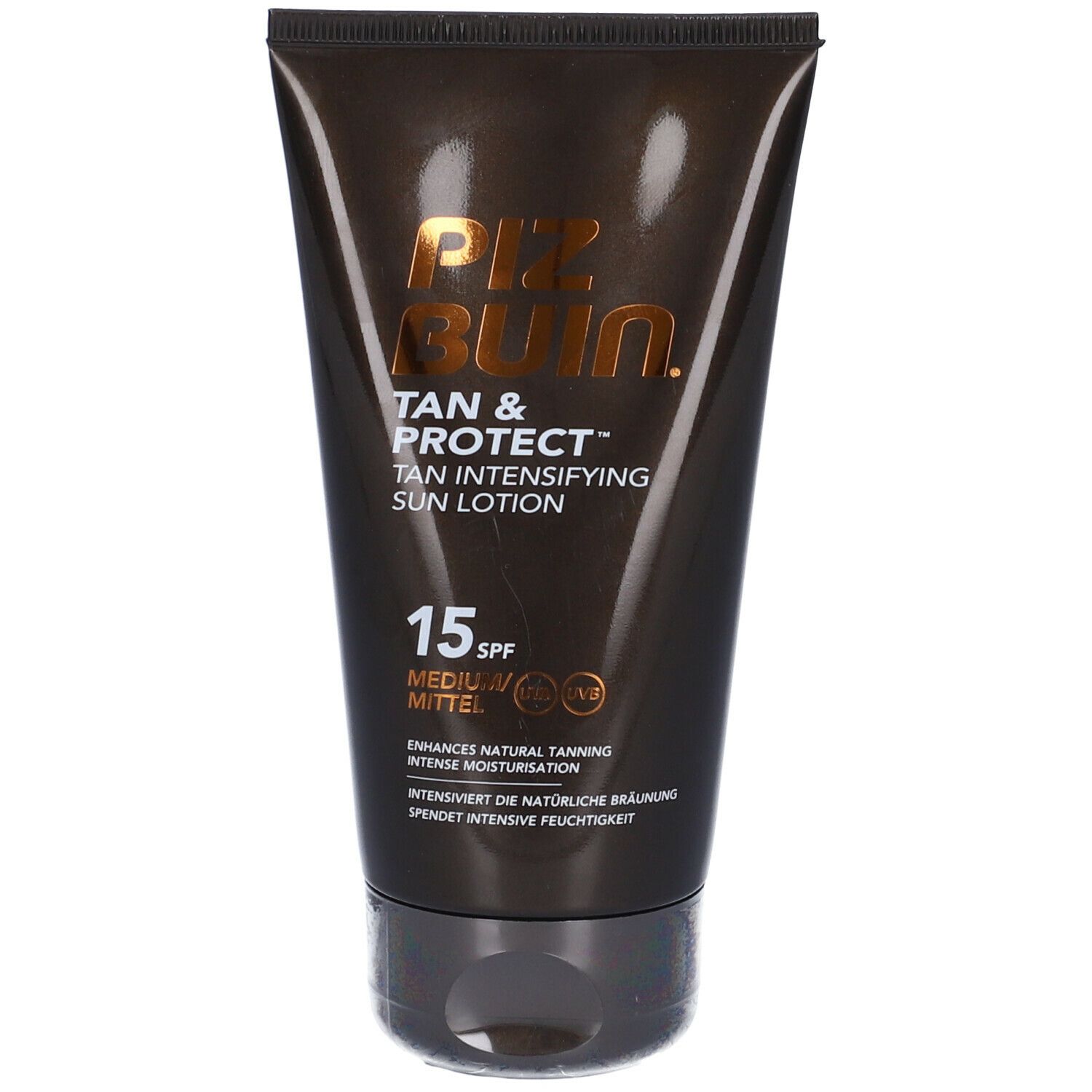 Tubo marrone con logo "Piz Buin" giallo. Testo "Tan & Protect" e "Sun Lotion SPF 15". Protezione UVA/UVB.