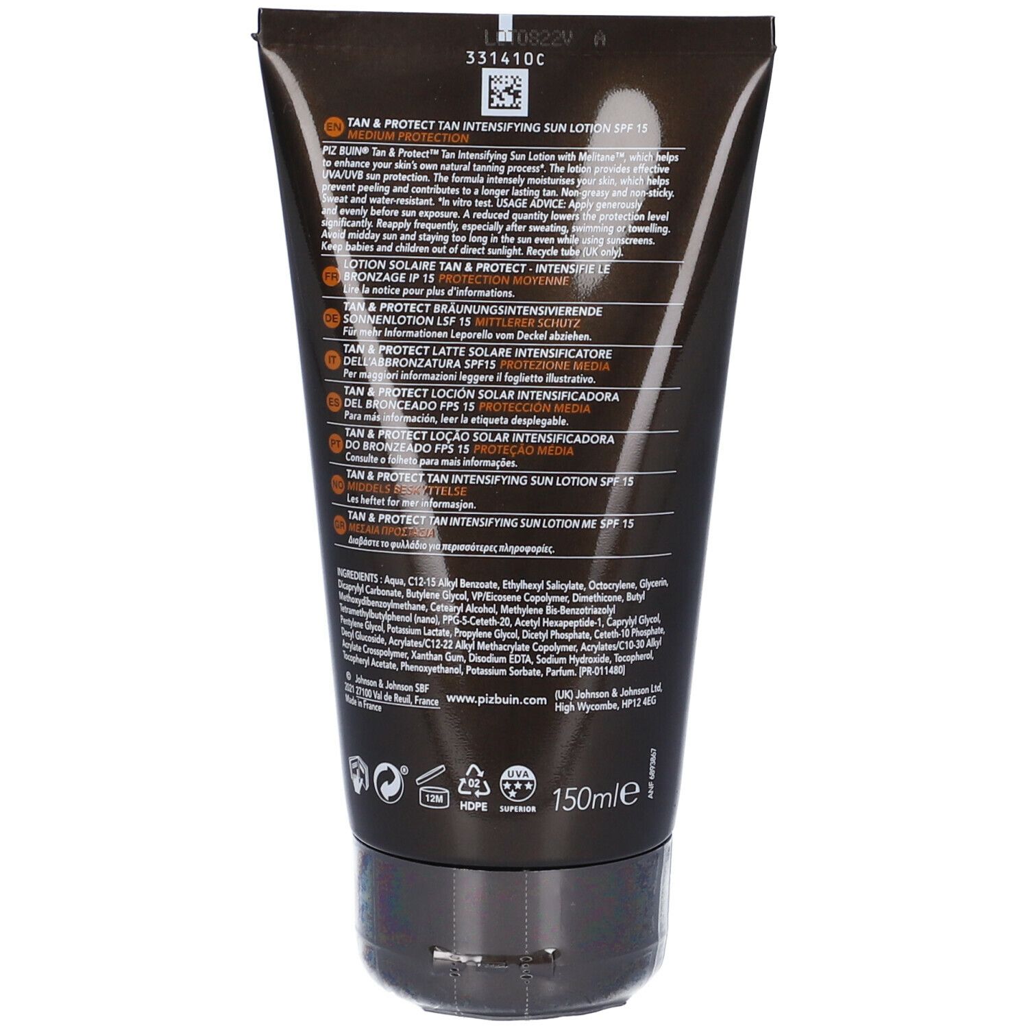 Retro di un tubo marrone. Testo multilingue, tra cui "Tan & Protect" e ingredienti. Indicazione volume 150ml.