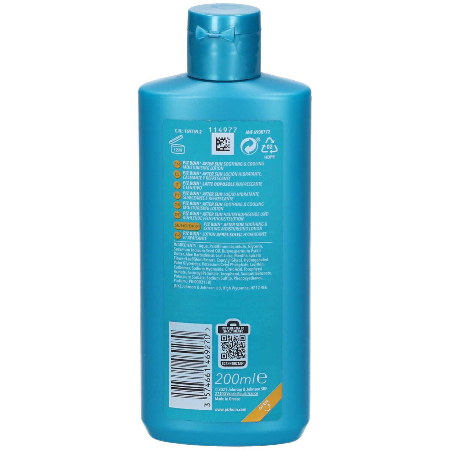 Retro del flacone turchese Piz Buin After Sun. Testo: ingredienti, 200ml, codice QR. Tappo a ribalta.