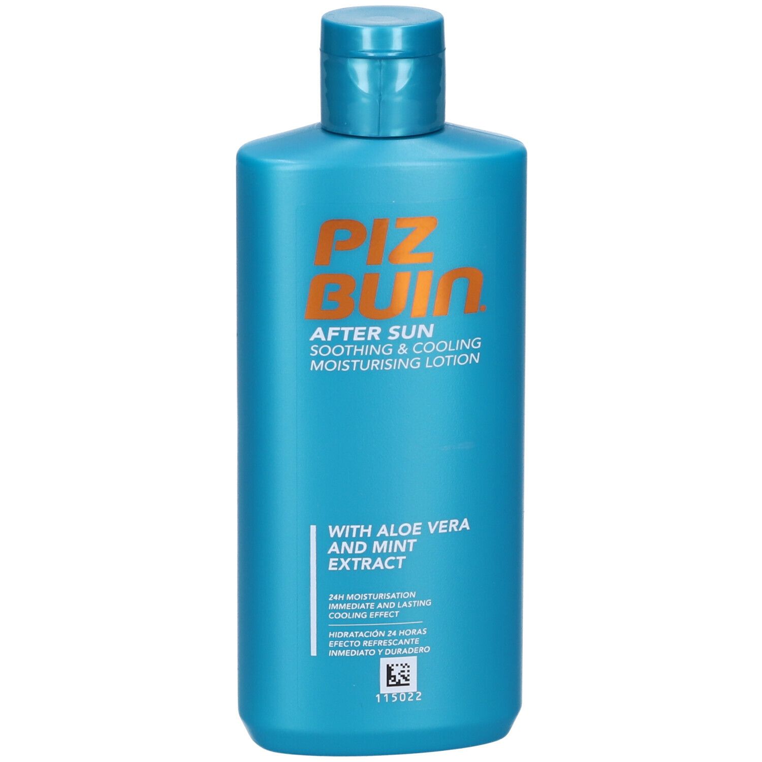 Flacone turchese Piz Buin After Sun. Testo: Soothing & Cooling Moisturising Lotion, Aloe Vera & Mint Extract. Tappo a ribalta.