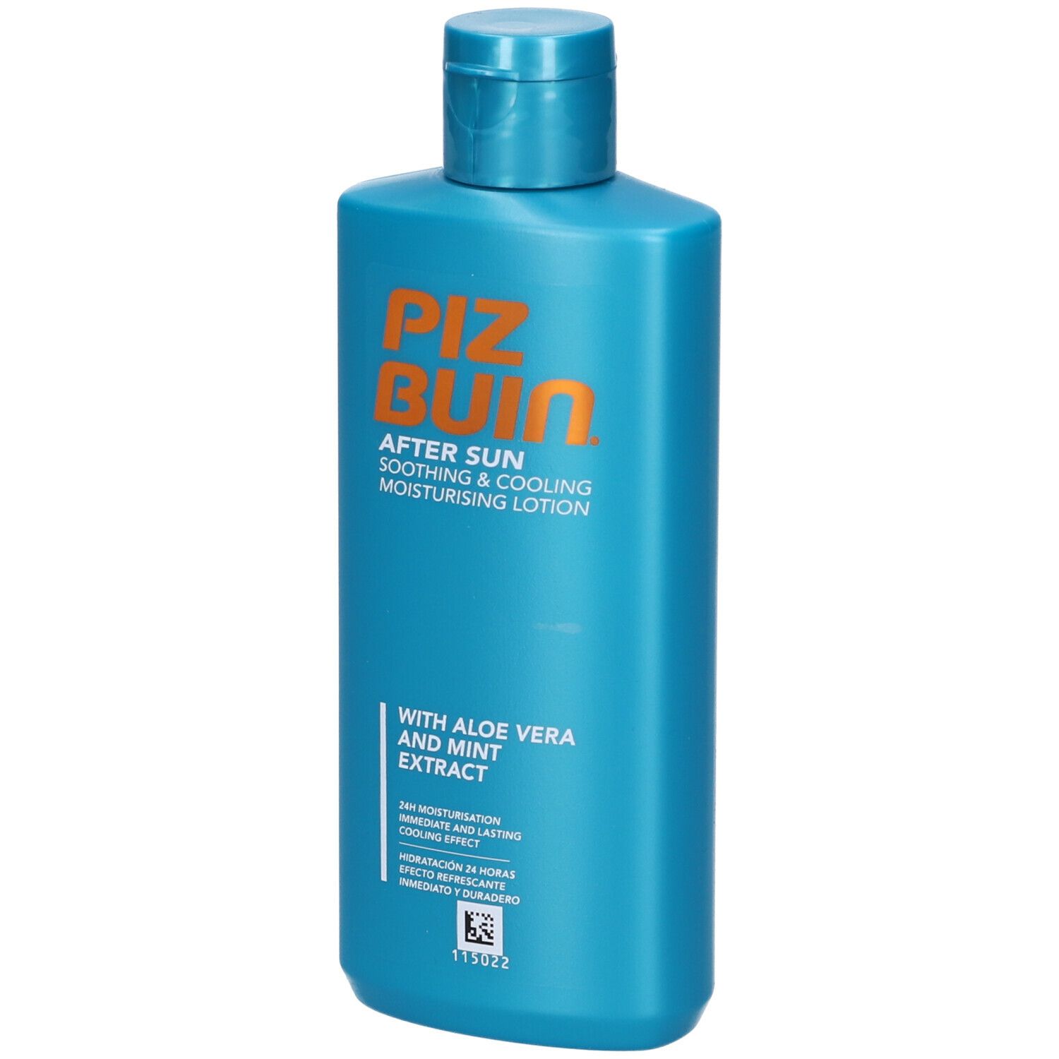 Flacone turchese Piz Buin After Sun. Testo: Soothing & Cooling Moisturising Lotion, Aloe Vera & Mint Extract. Tappo a ribalta.