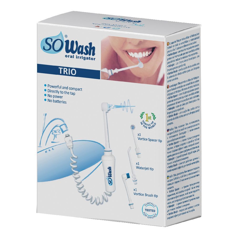 Confezione di SO Wash Trio, un sistema di irrigazione orale. Include doccetta, punte e testo. Scritta: « SO Wash oral irrigator TRIO ».