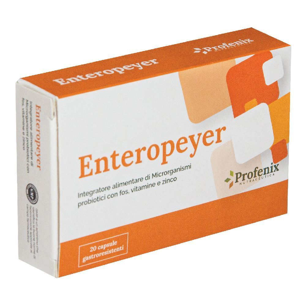 Scatola Enteropeyer, testo e logo. Contiene 20 capsule. Elementi di design arancioni e bianchi.