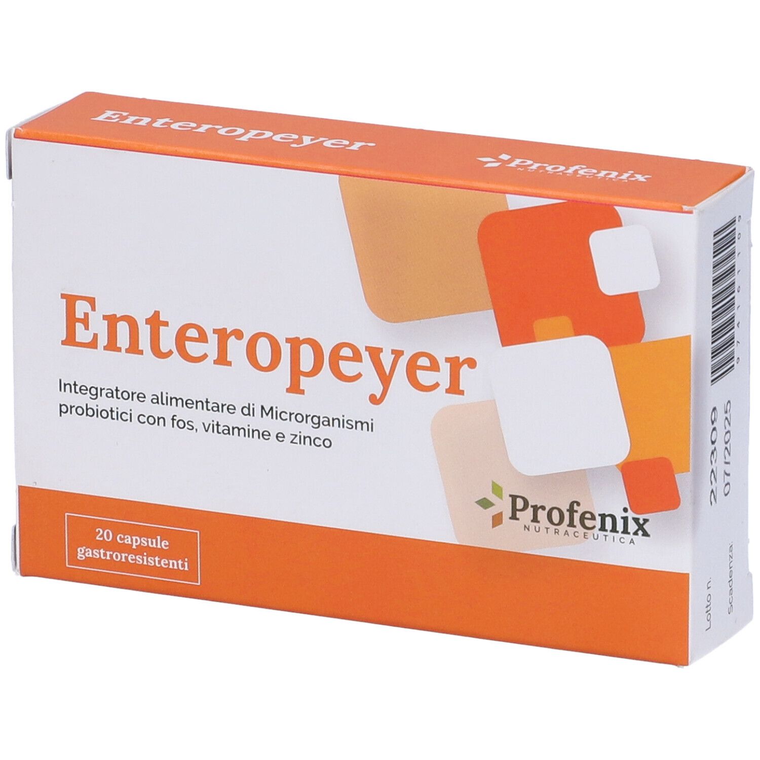 Scatola Enteropeyer, testo e logo. Contiene 20 capsule. Elementi di design arancioni e bianchi. Data di scadenza.