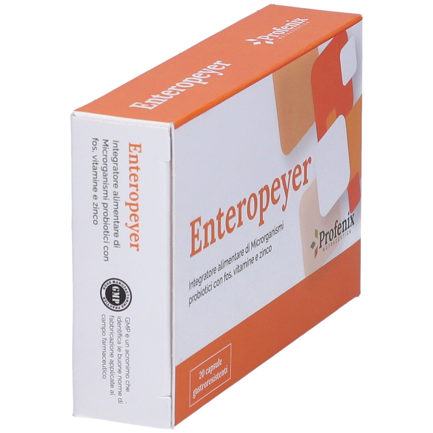 Scatola Enteropeyer, testo e logo. Contiene 20 capsule. Certificazione GMP. Elementi di design arancioni e bianchi.