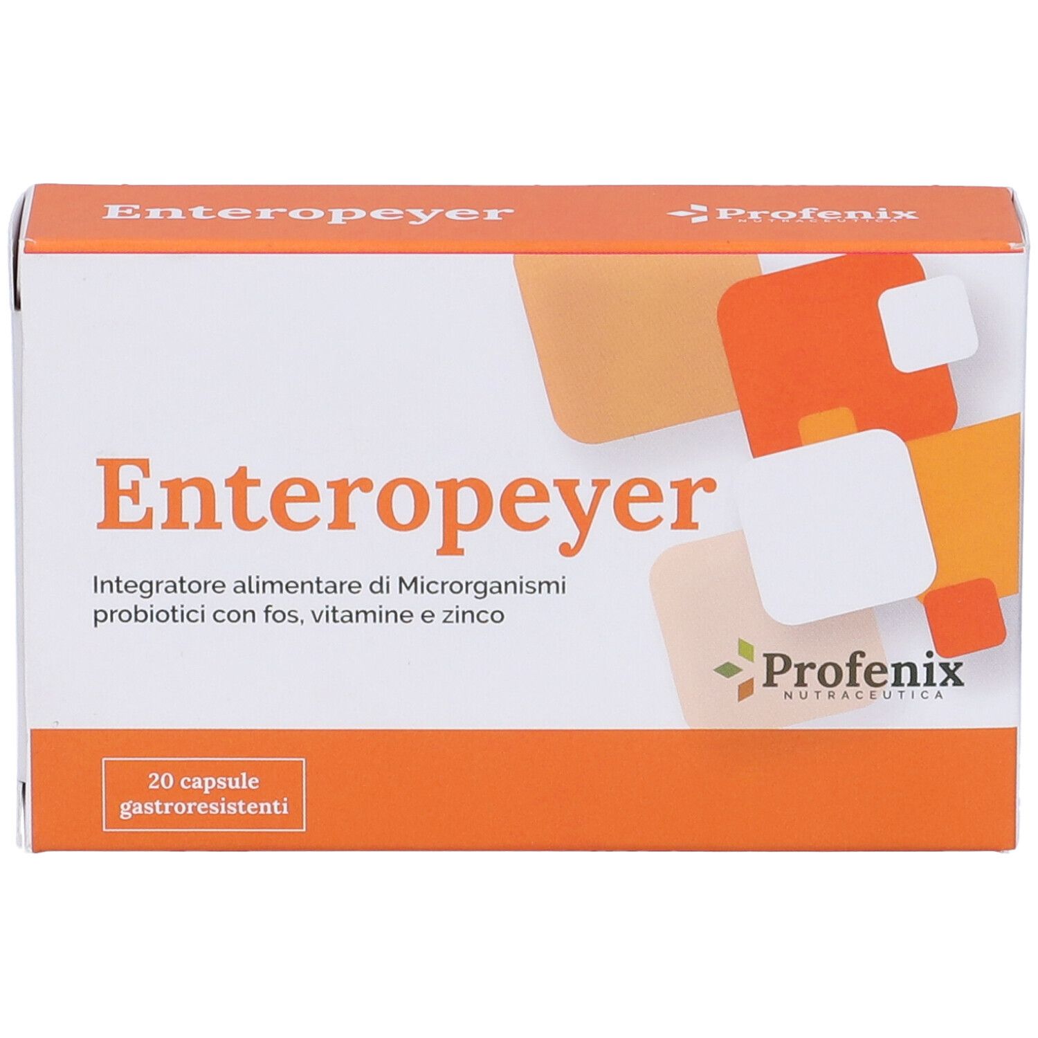 Scatola Enteropeyer, testo e logo. Contiene 20 capsule. Elementi di design arancioni e bianchi.