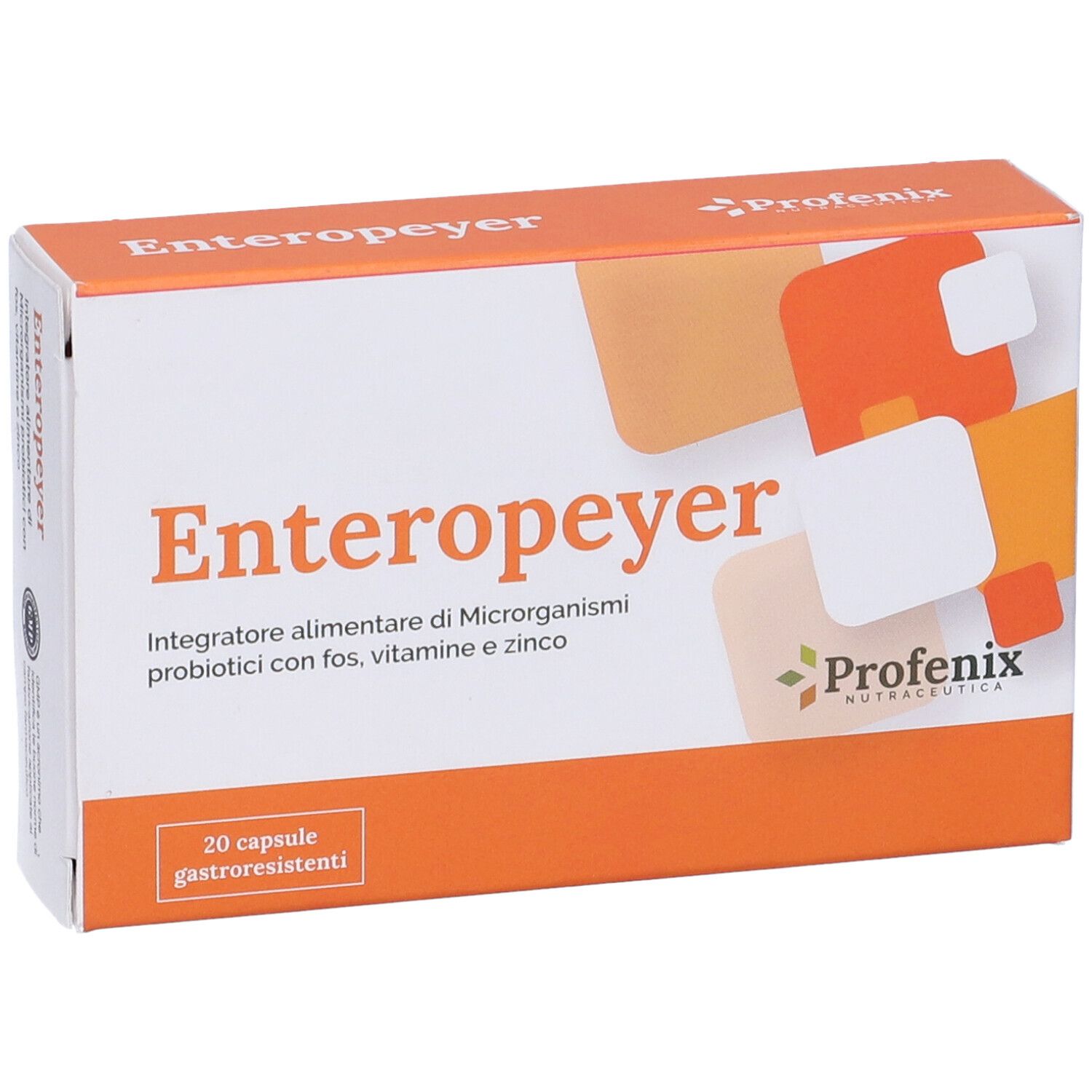 Scatola Enteropeyer, testo e logo. Contiene 20 capsule. Elementi di design arancioni e bianchi.