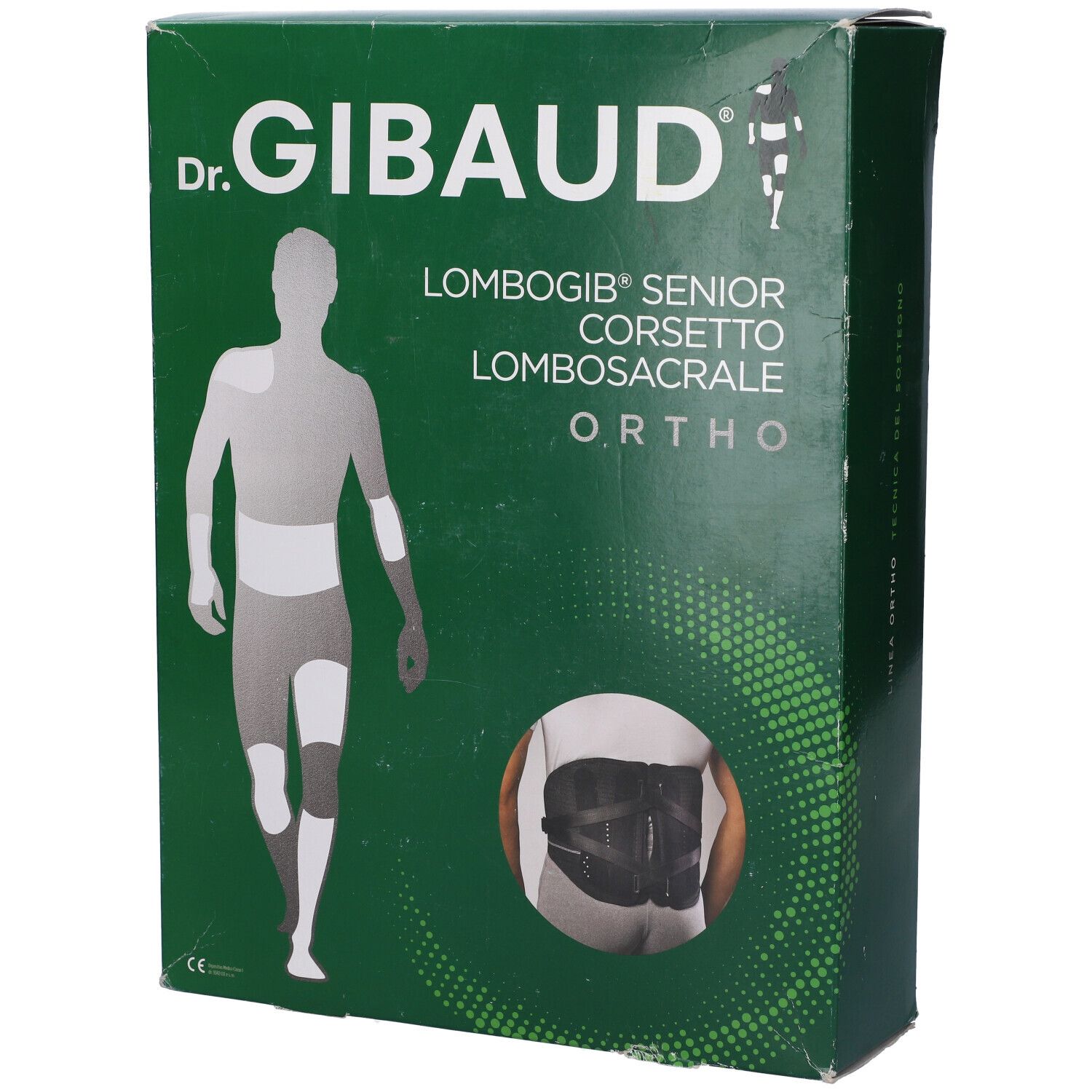 Confezione di Dr. Gibaud Ortho Lombogib Senior Corsetto Lombosacrale. Verde, con immagine del prodotto e marchio.