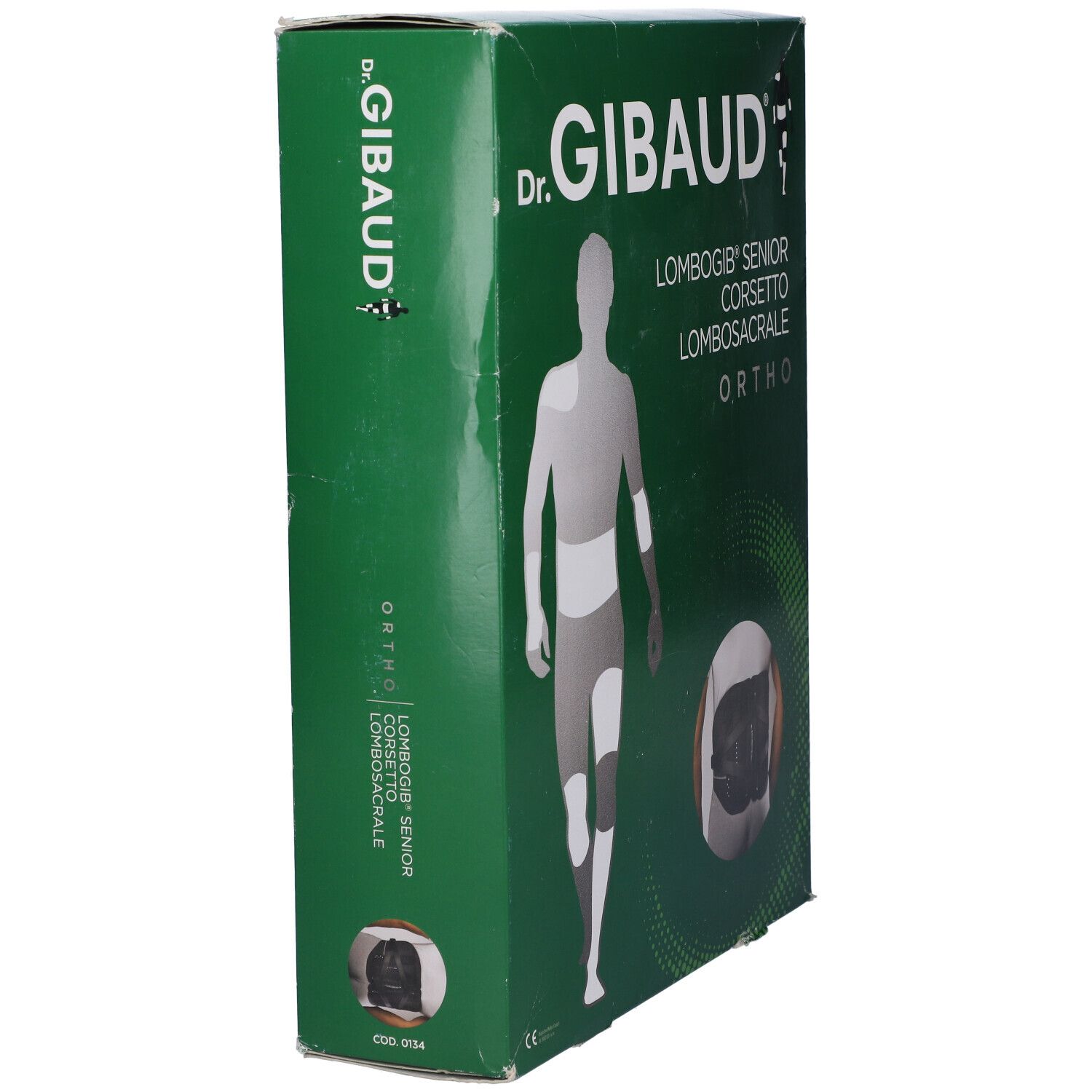 Vista laterale della confezione Dr. Gibaud Ortho Lombogib Senior. Verde, con immagine e testo.
