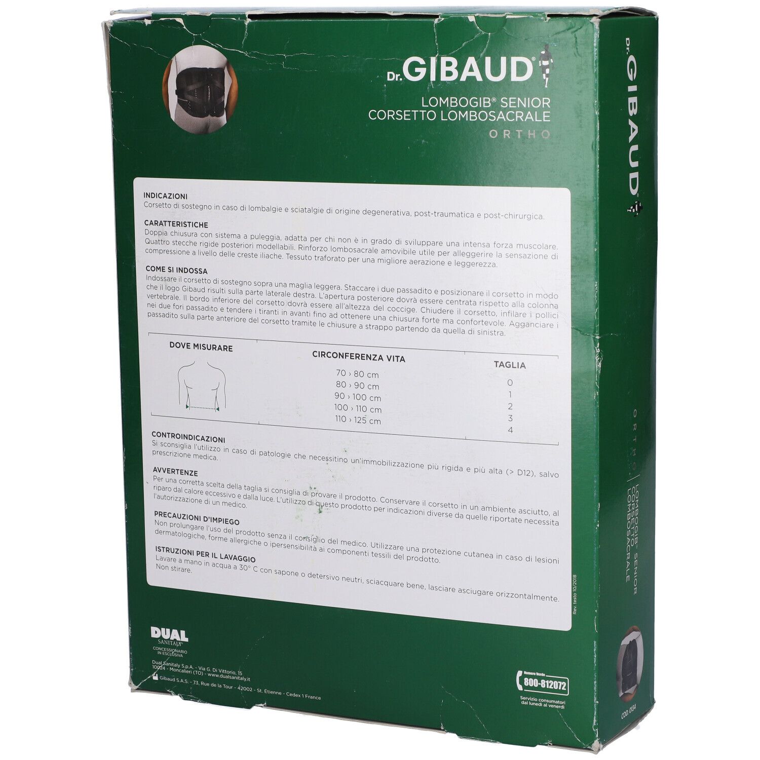 Retro della confezione Dr. Gibaud Ortho Lombogib Senior. Verde, con testo e immagine.