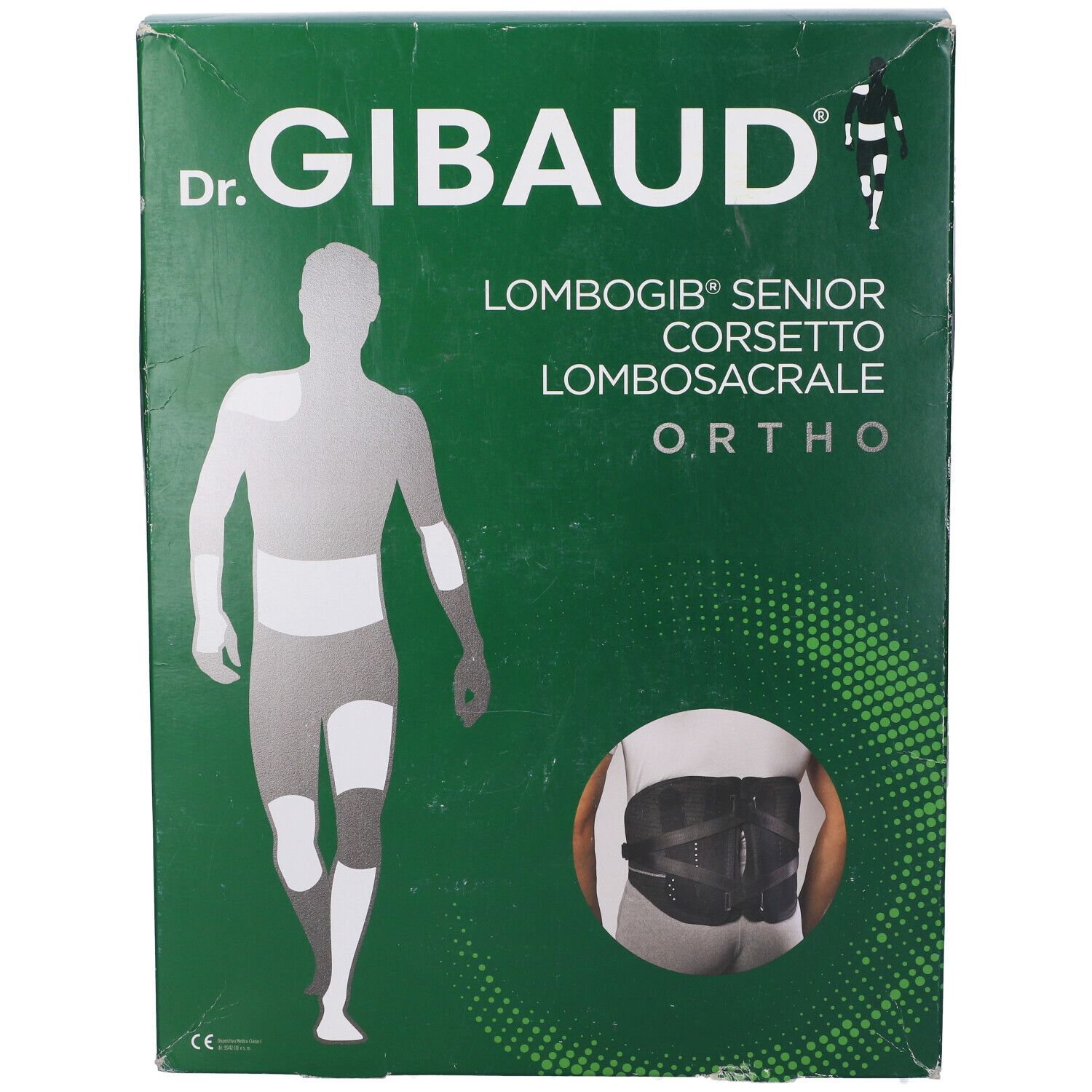 Vista frontale della confezione Dr. Gibaud Ortho Lombogib Senior. Verde, con immagine e testo.