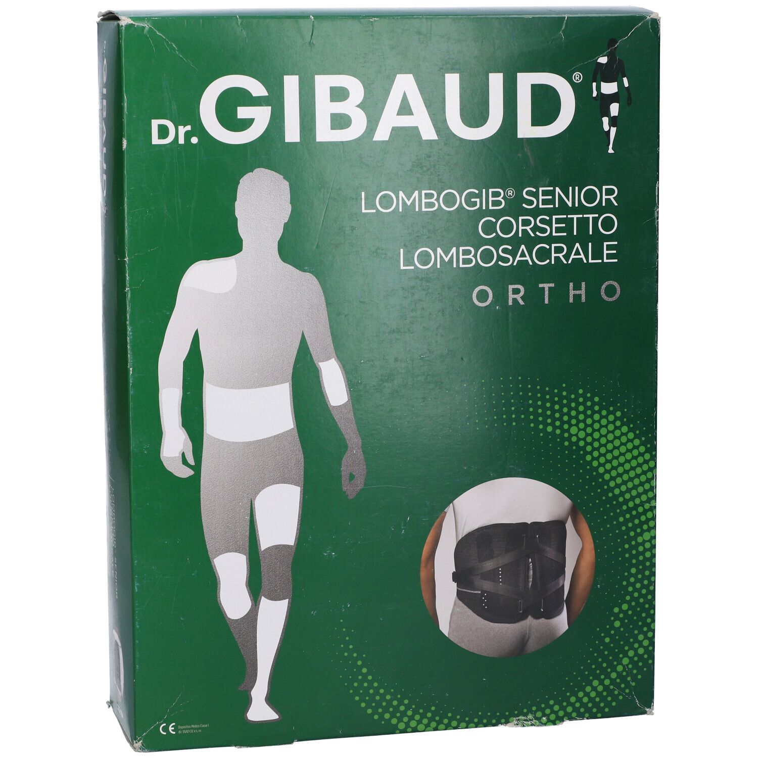 Vista frontale della confezione Dr. Gibaud Ortho Lombogib Senior. Verde, con immagine e testo.