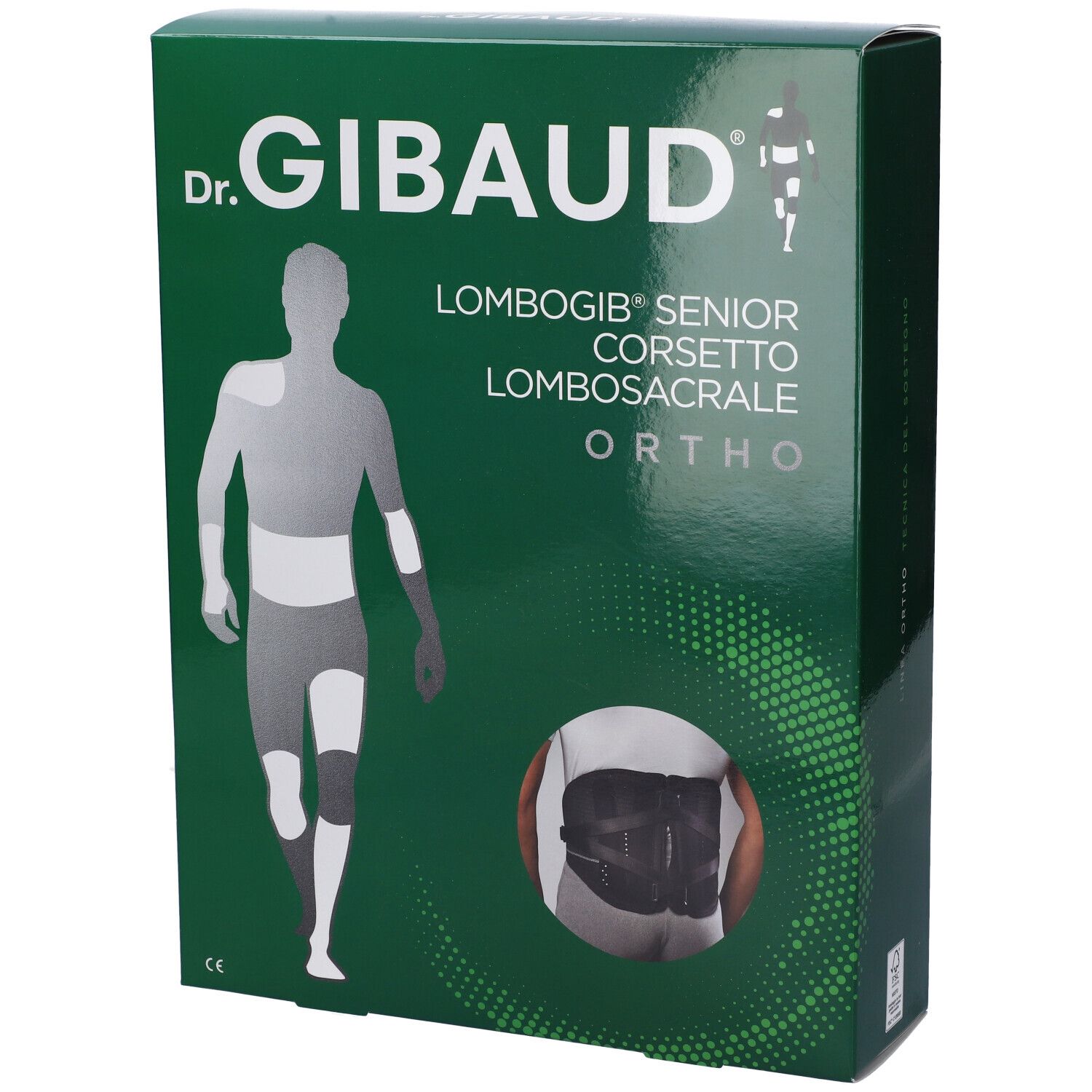 Confezione verde con immagine del prodotto. Scritta: Dr. Gibaud, Lombogib Senior Corsetto Lombosacrale Ortho. Immagine di un corsetto.