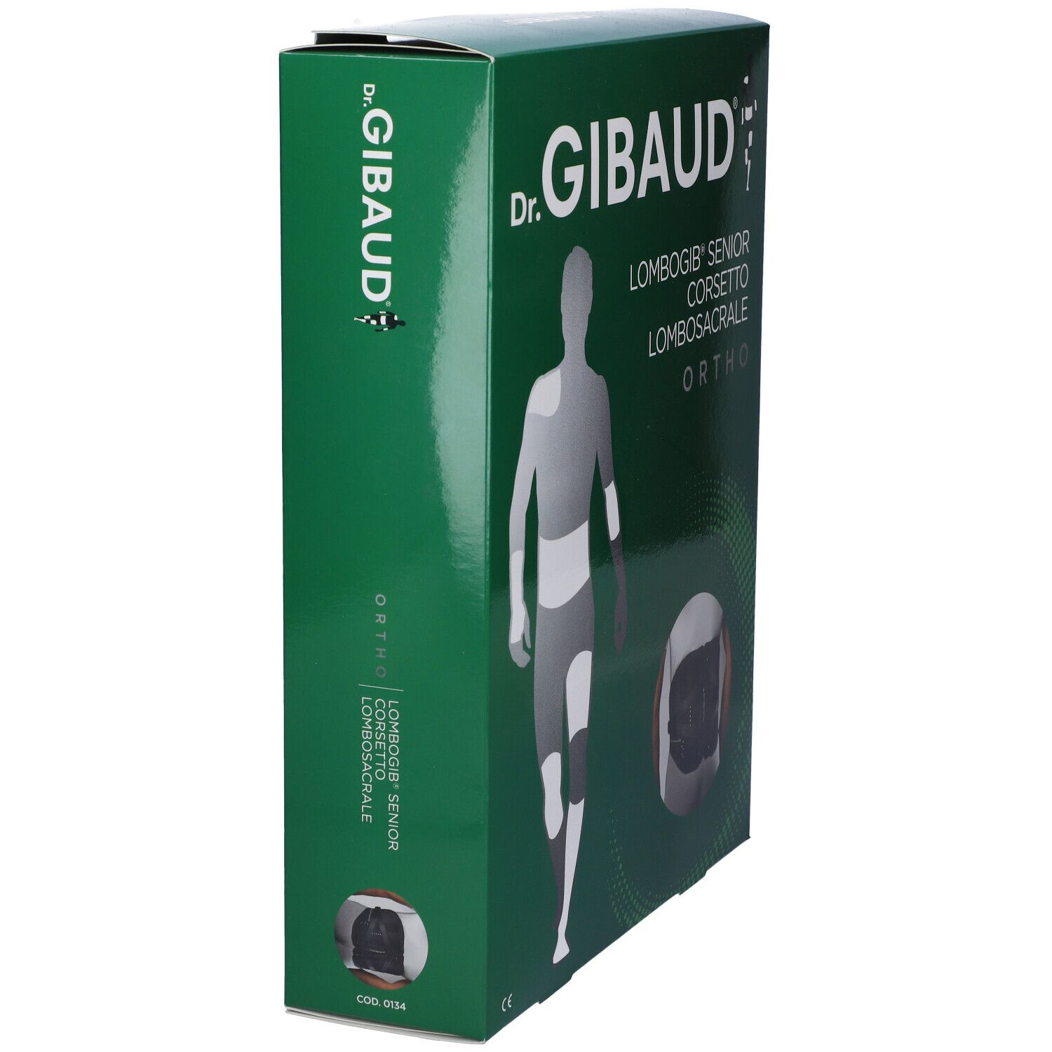 Confezione verde, vista laterale. Scritta: Dr. Gibaud, Lombogib Senior Corsetto Lombosacrale Ortho. Immagine del prodotto e codice.