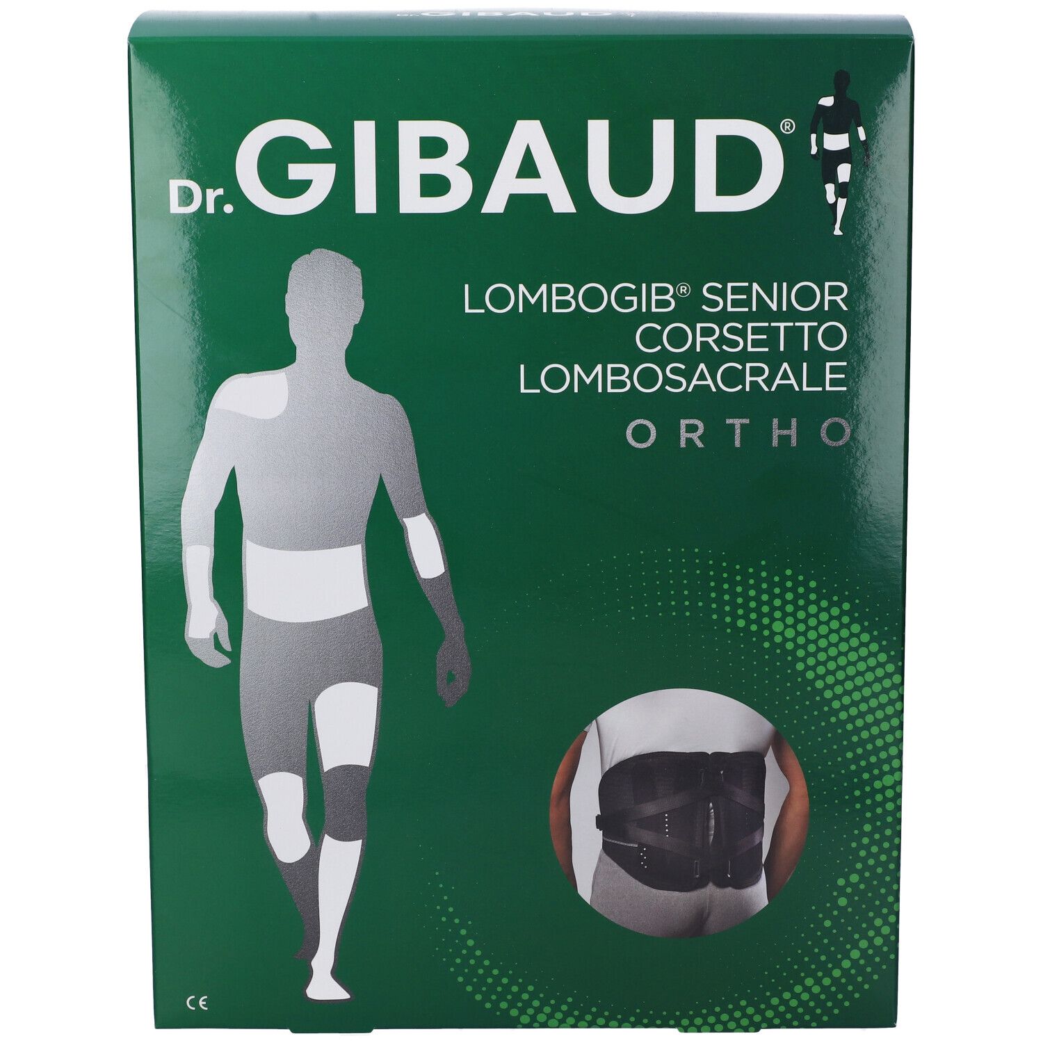 Confezione verde con immagine del prodotto. Scritta: Dr. Gibaud, Lombogib Senior Corsetto Lombosacrale Ortho. Immagine di un corsetto.