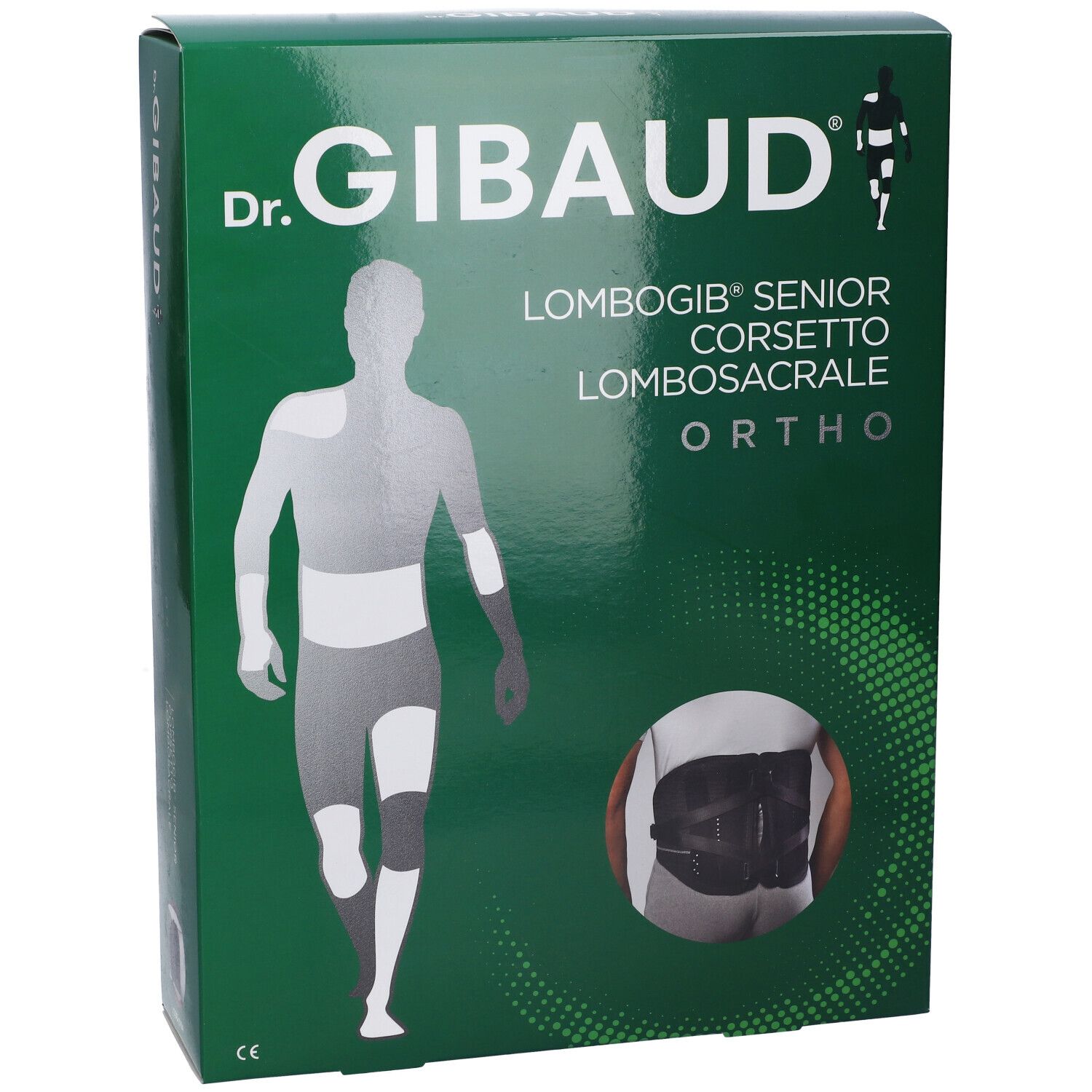 Confezione verde con immagine del prodotto. Scritta: Dr. Gibaud, Lombogib Senior Corsetto Lombosacrale Ortho. Immagine di un corsetto.
