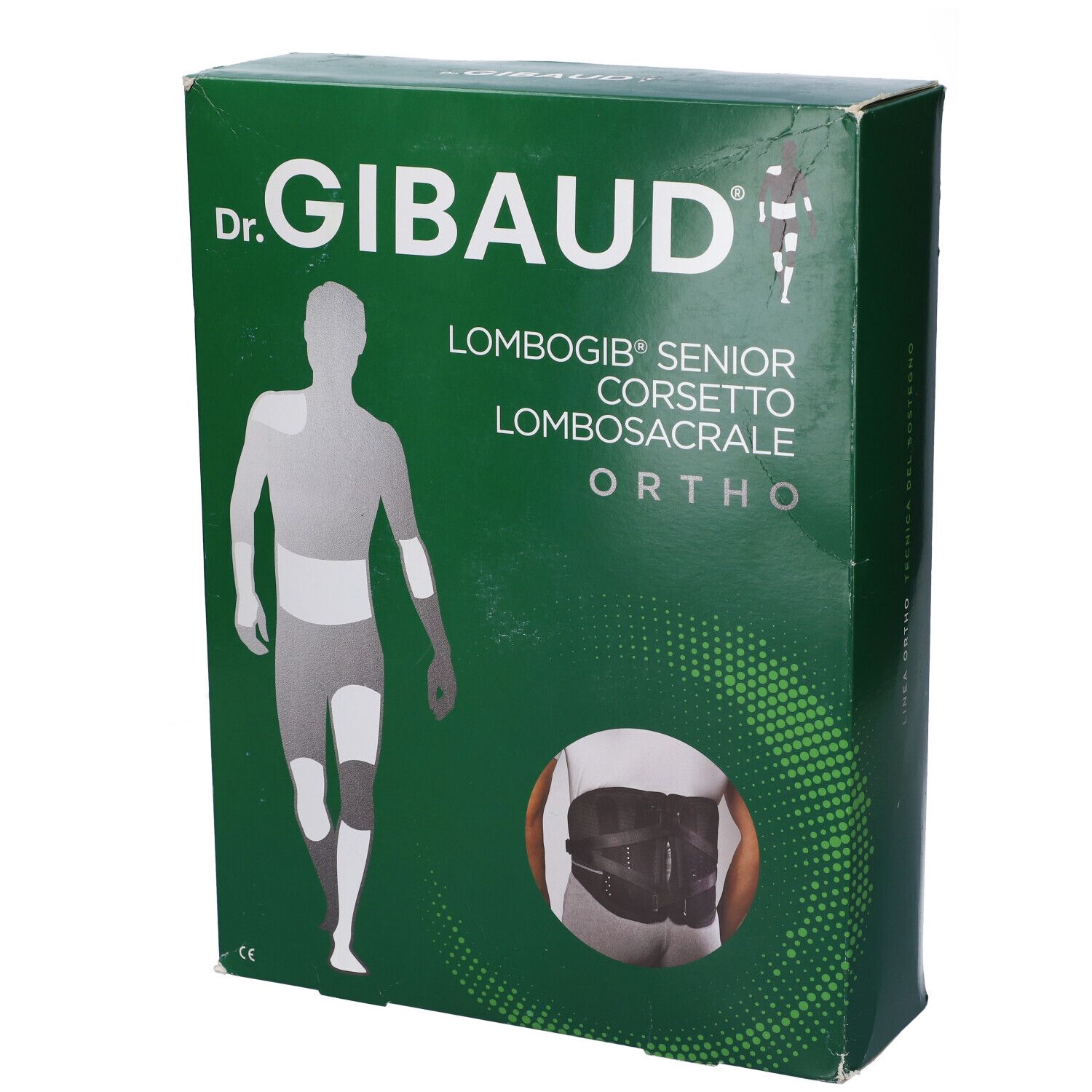 Confezione verde con immagine del prodotto e logo del marchio. Testo: Dr. Gibaud, Lombogib Senior, Corsetto Lombosacrale, Ortho.