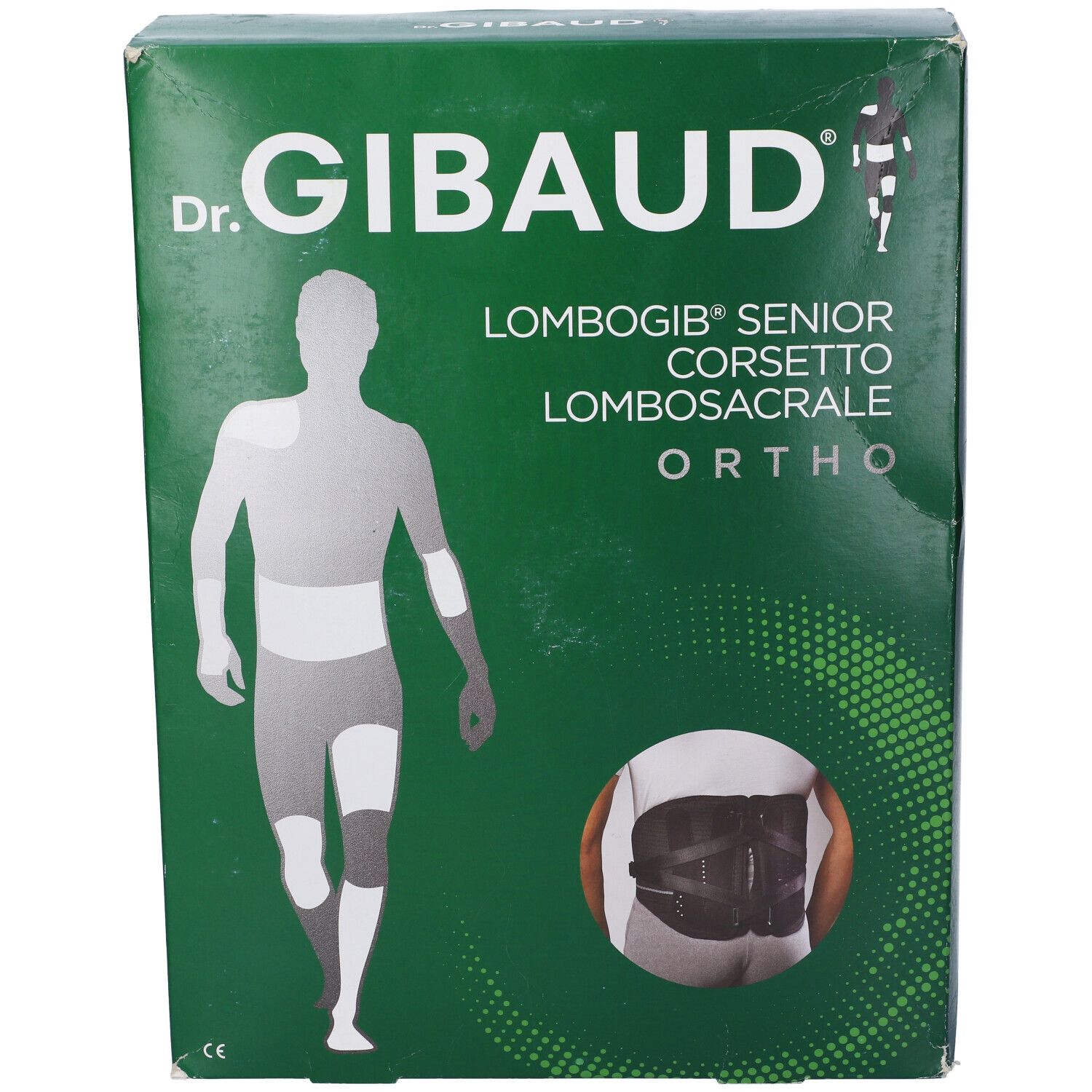 Confezione verde con immagine del prodotto e logo del marchio. Testo: Dr. Gibaud, Lombogib Senior, Corsetto Lombosacrale, Ortho.