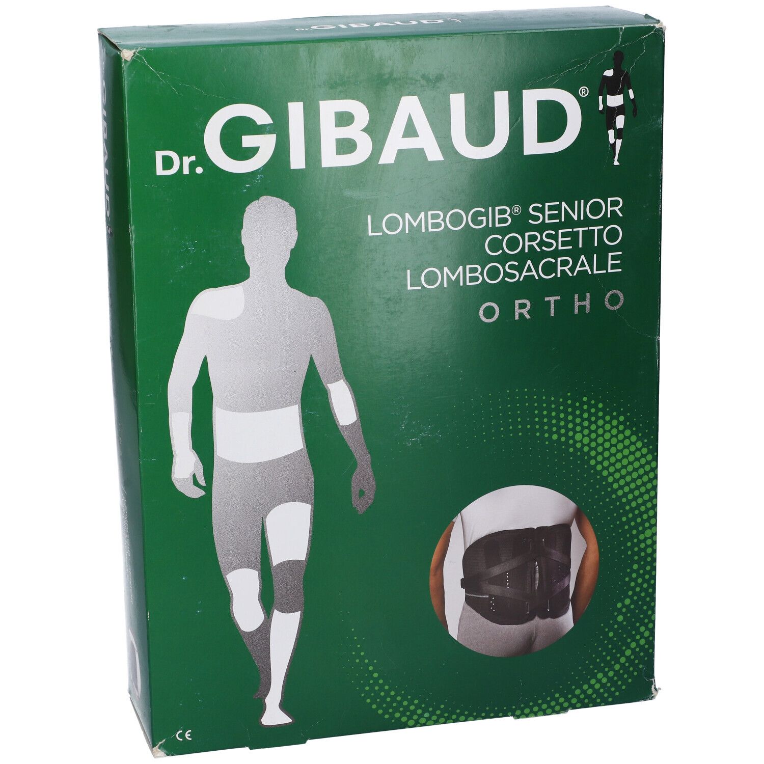 Confezione verde con immagine del prodotto e logo del marchio. Testo: Dr. Gibaud, Lombogib Senior, Corsetto Lombosacrale, Ortho.