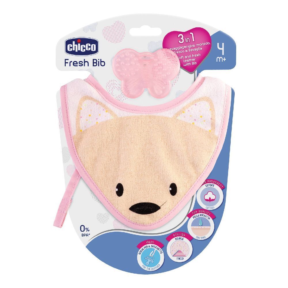Bavaglino Chicco Fresh rosa con massaggiagengive. Confezione con immagine prodotto e marchio. 4m+.