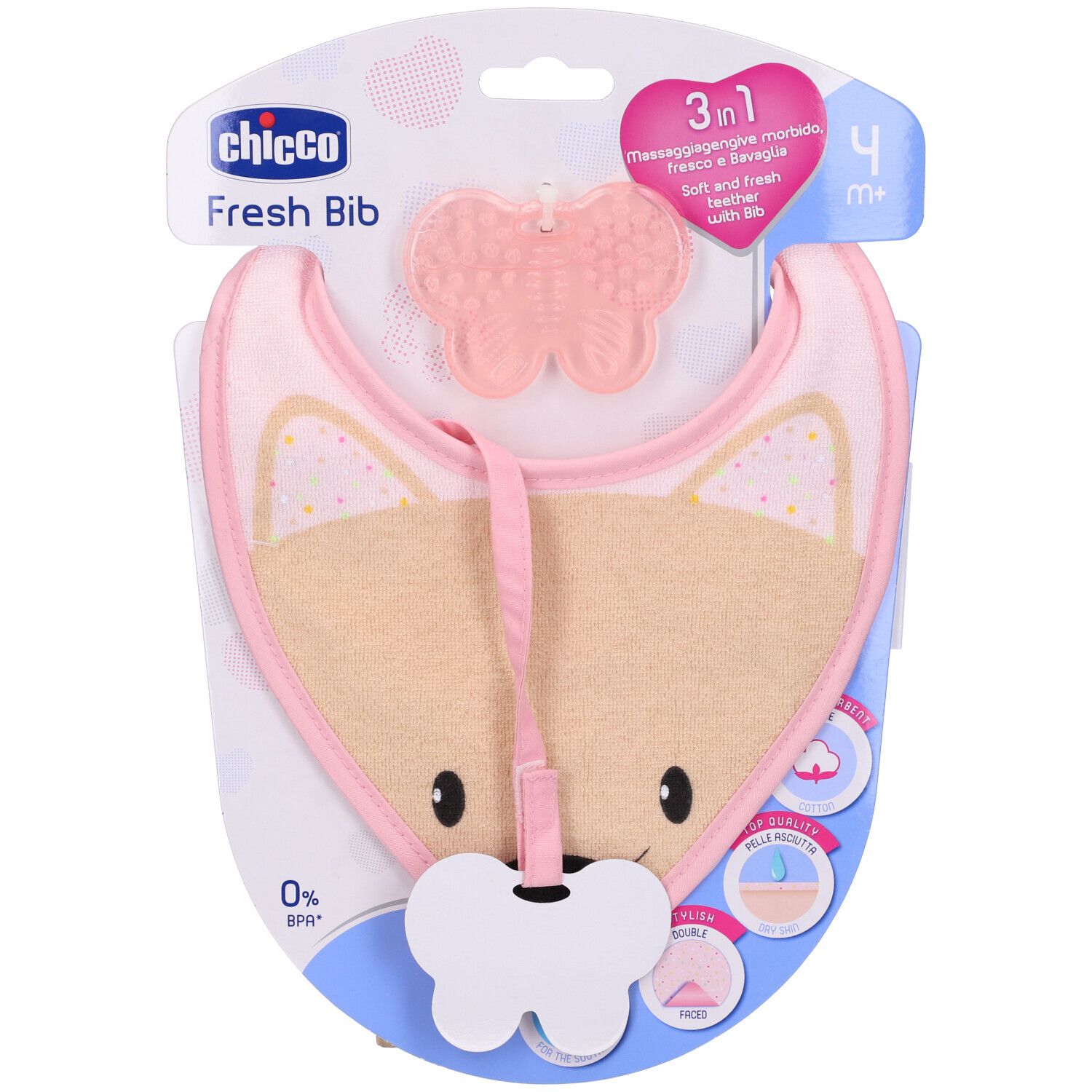 Bavaglino Chicco Fresh rosa con massaggiagengive. Confezione con immagine prodotto e marchio. 4m+.