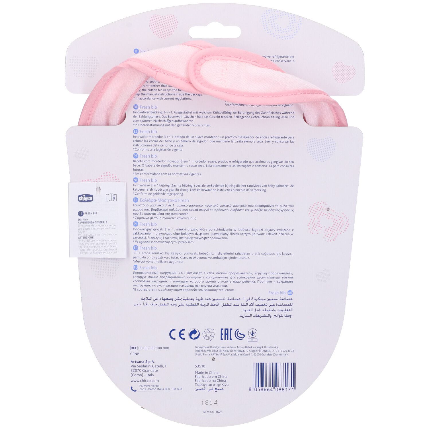 Retro della confezione Chicco Fresh Bib. Testo multilingue. Informazioni sul prodotto e loghi.