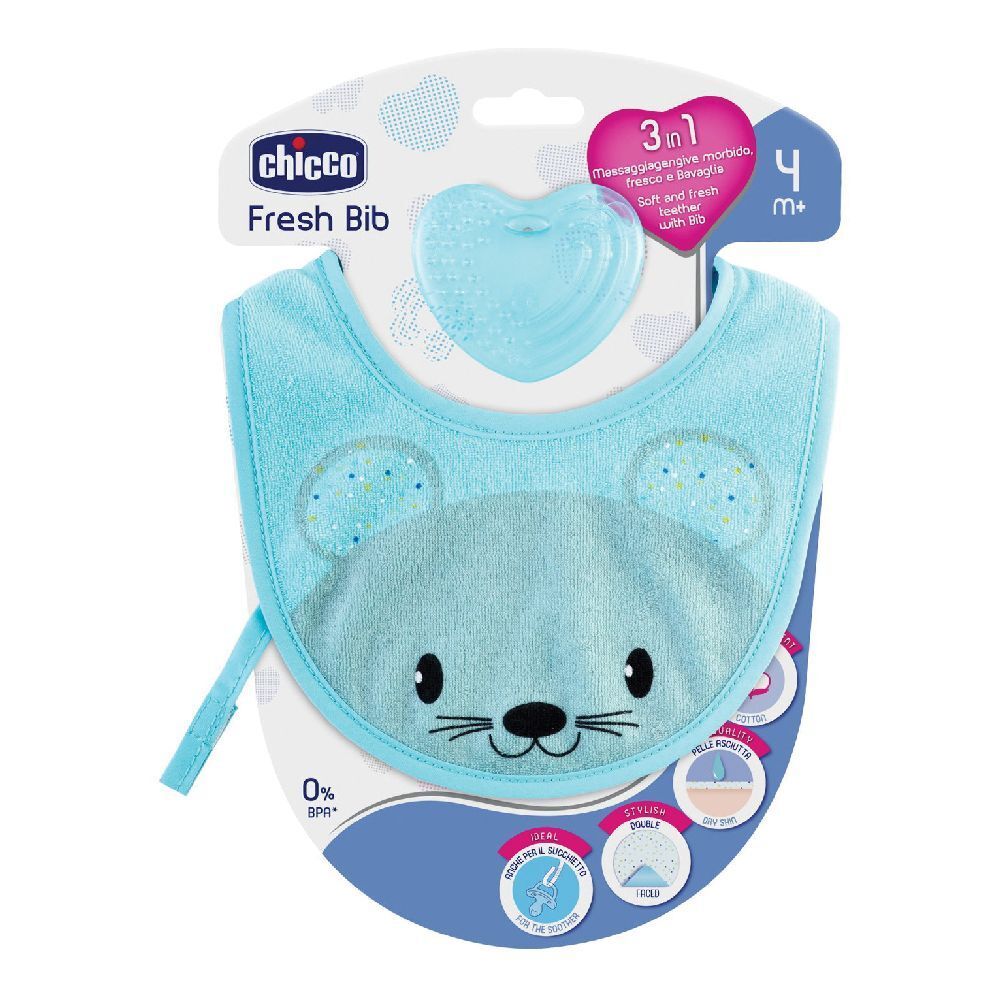 Bavaglino Chicco Fresh blu con faccina di topo e massaggiagengive. Confezione con informazioni.