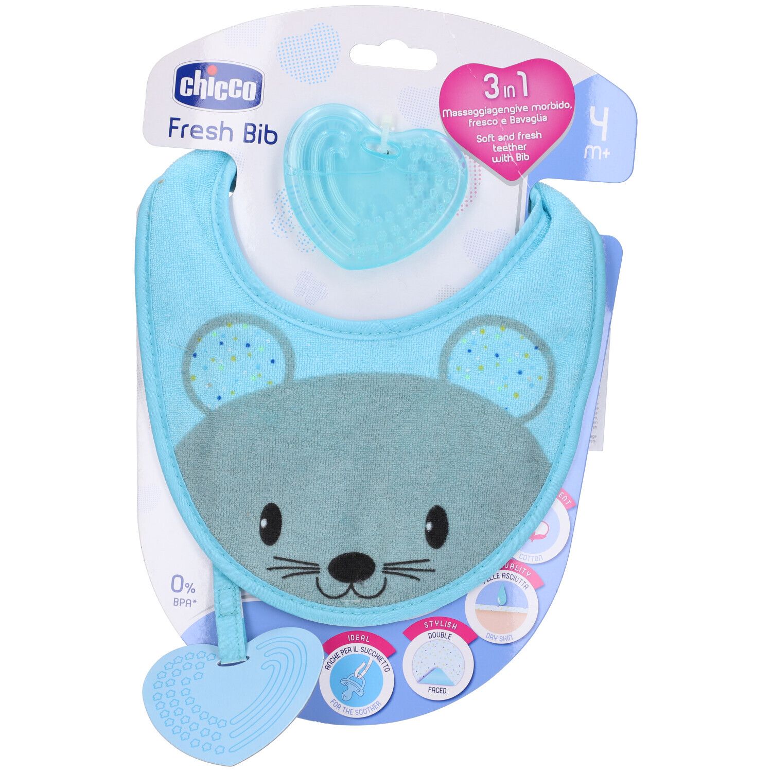 Bavaglino Chicco Fresh blu con faccina di topo e massaggiagengive. Confezione con informazioni.