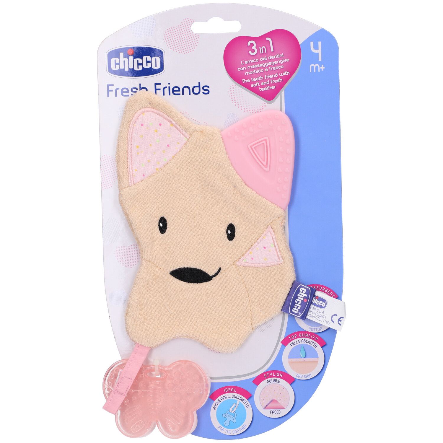 Chicco Fresh Friends, rosa, in confezione. Forma animale con orecchie e farfalla. Età: 4+ mesi.
