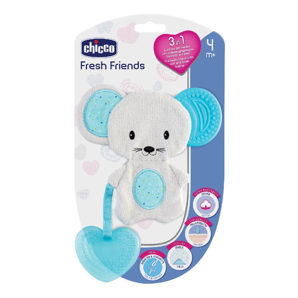Chicco Fresh Friends massaggiagengive. Design a forma di topo con elementi blu. Confezione blister. 4 mesi+.