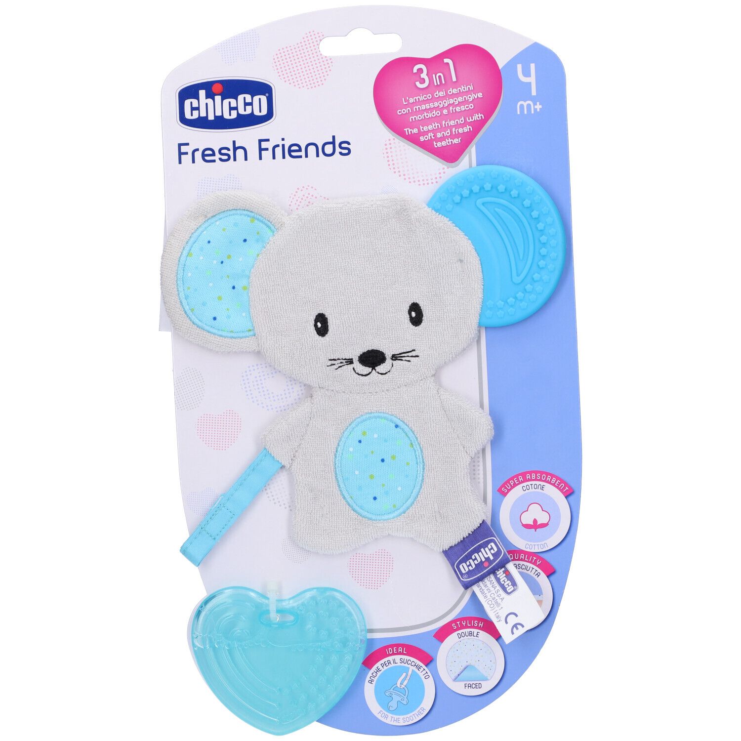 Chicco Fresh Friends massaggiagengive. Design a topo con elementi blu. Confezione blister. 4m+.