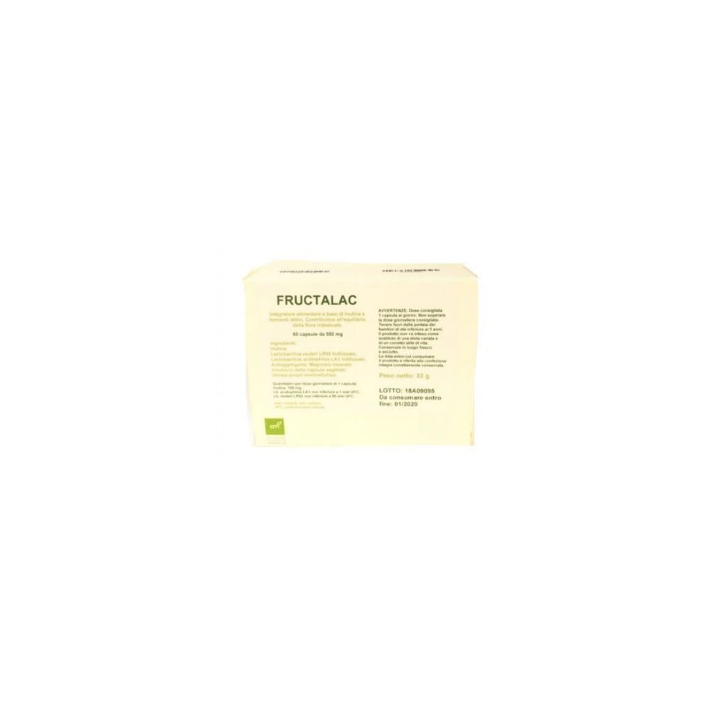 Scatola bianca con nome Fructalac. Scritte e logo verde. Contiene 60 capsule.