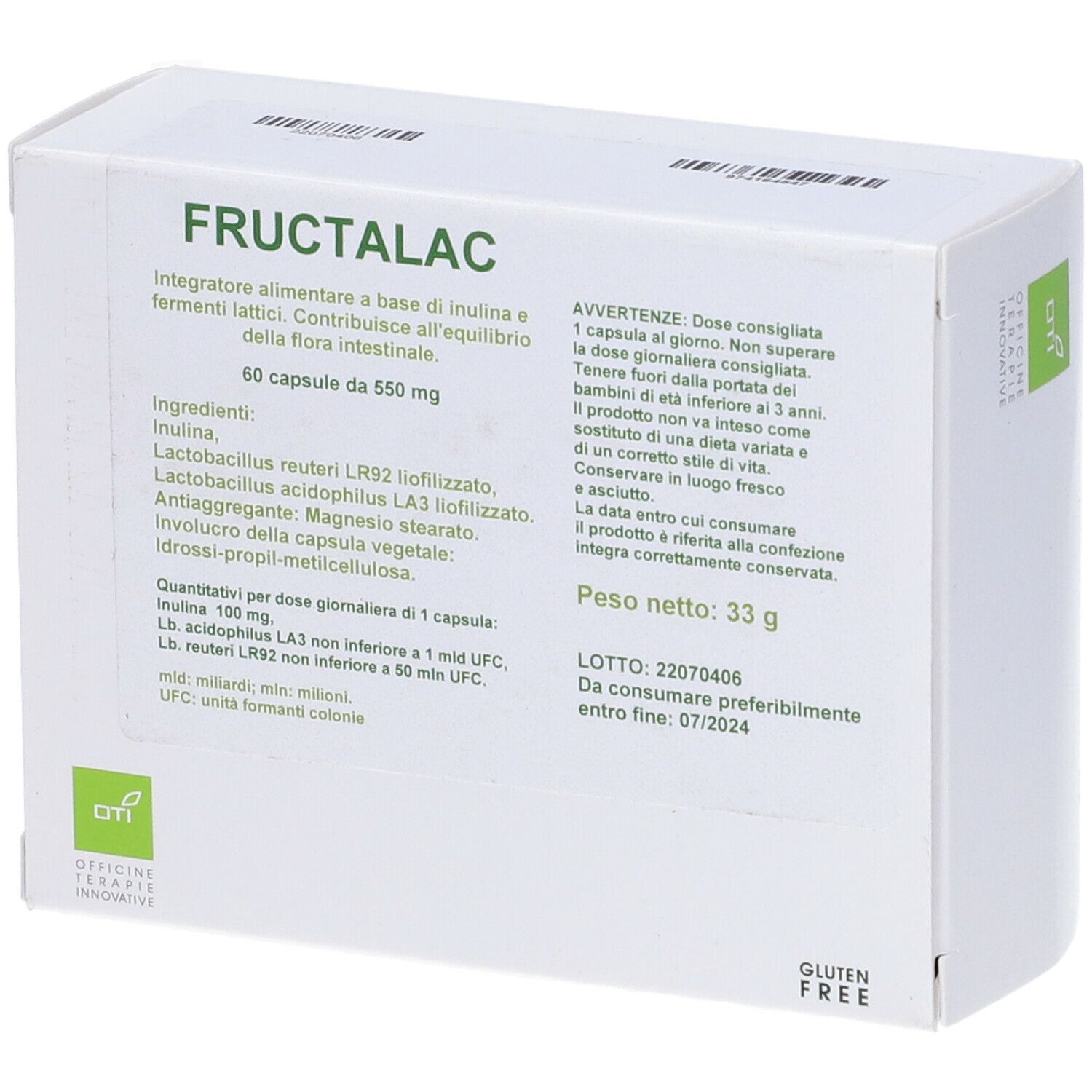 Confezione Fructalac. Contiene 60 capsule. Lista ingredienti, peso 33g. Logo senza glutine. Informazioni produttore.