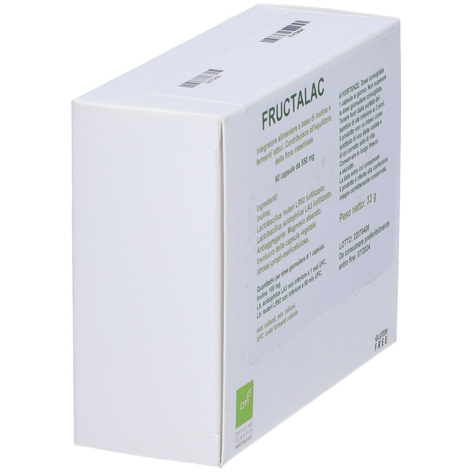 Confezione Fructalac. Contiene 60 capsule. Lista ingredienti, peso 33g. Logo senza glutine. Informazioni produttore.