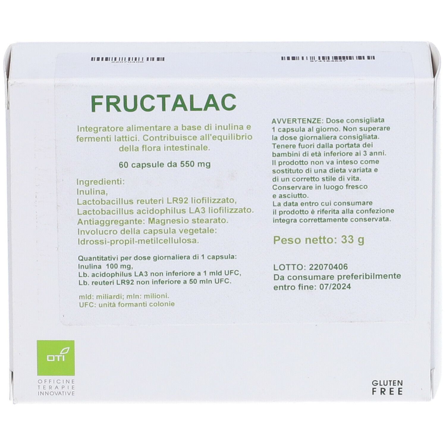 Confezione Fructalac. Contiene 60 capsule. Lista ingredienti, peso 33g. Logo senza glutine. Informazioni produttore.