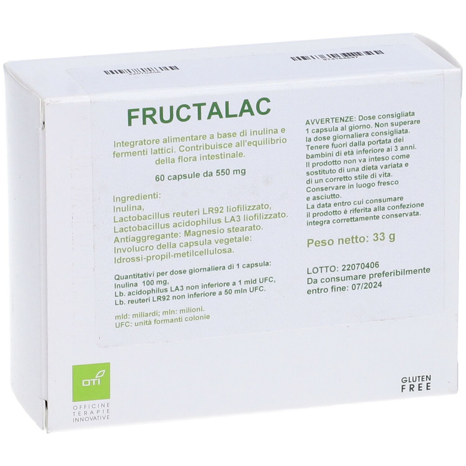 Confezione Fructalac. Contiene 60 capsule. Lista ingredienti, peso 33g. Logo senza glutine. Informazioni produttore.