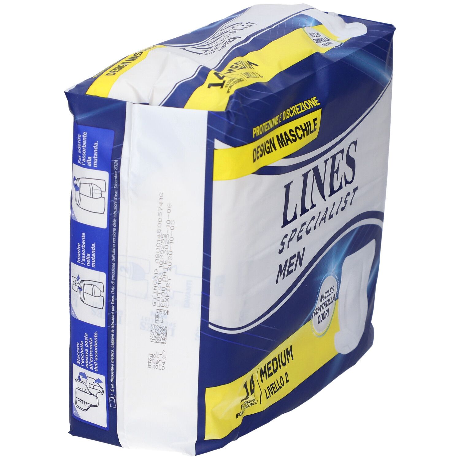 Seitenansicht der Verpackung von Lines Specialist Men Level 2. Blaue Verpackung mit Produktlogo und Produktinformationen.